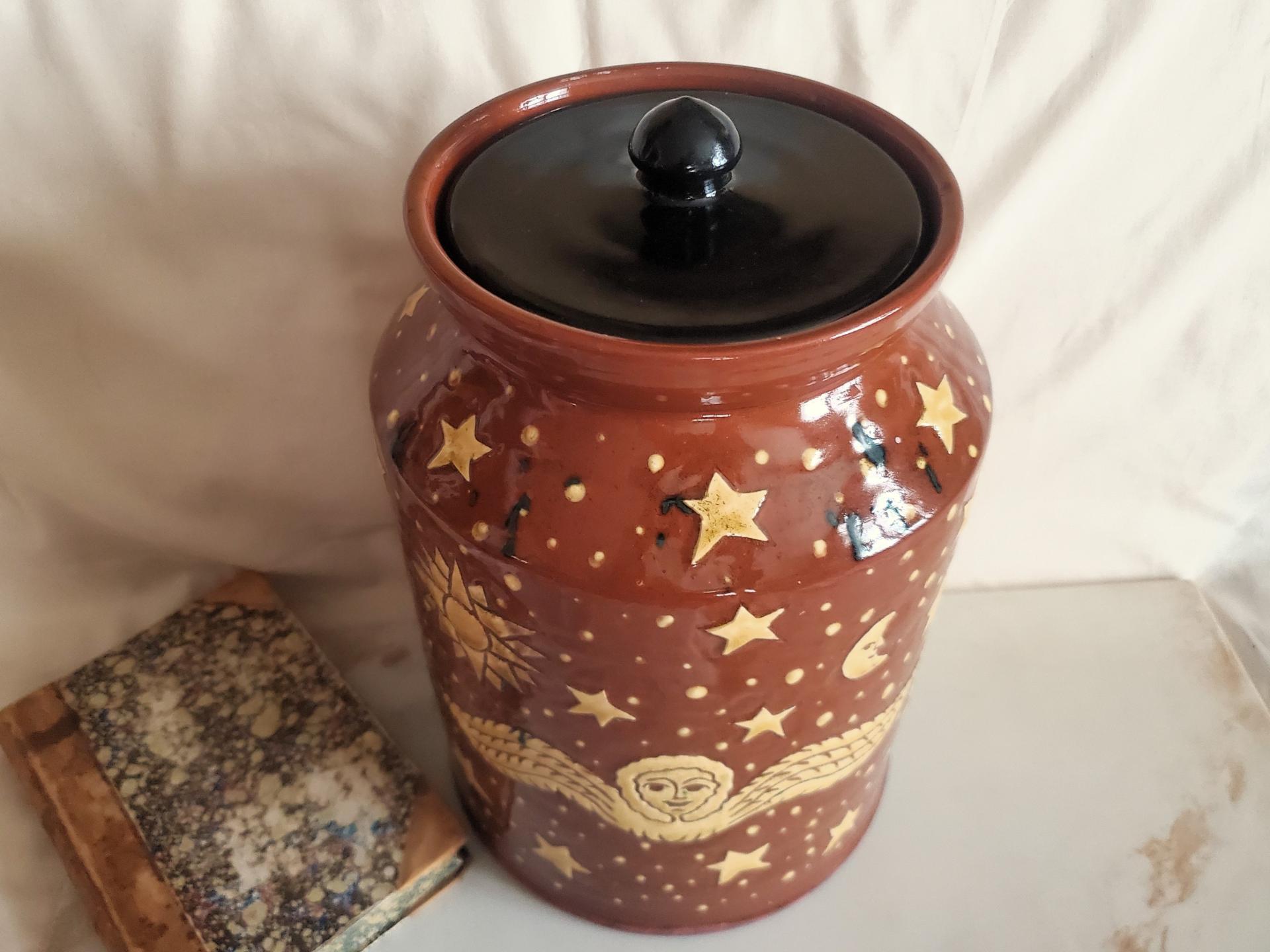 Unique Large Redware Jar, Angel with Moon and Sun Sgrafitto Motif