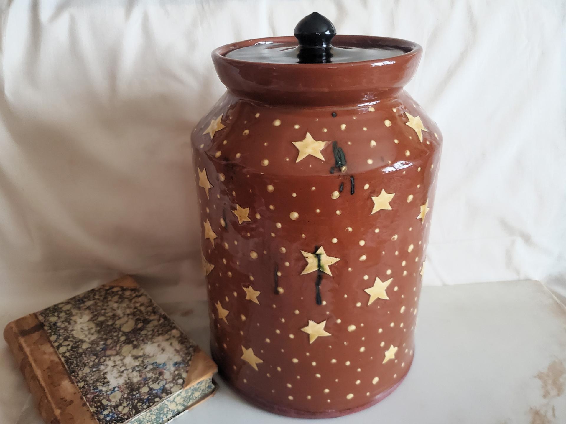 Unique Large Redware Jar, Angel with Moon and Sun Sgrafitto Motif