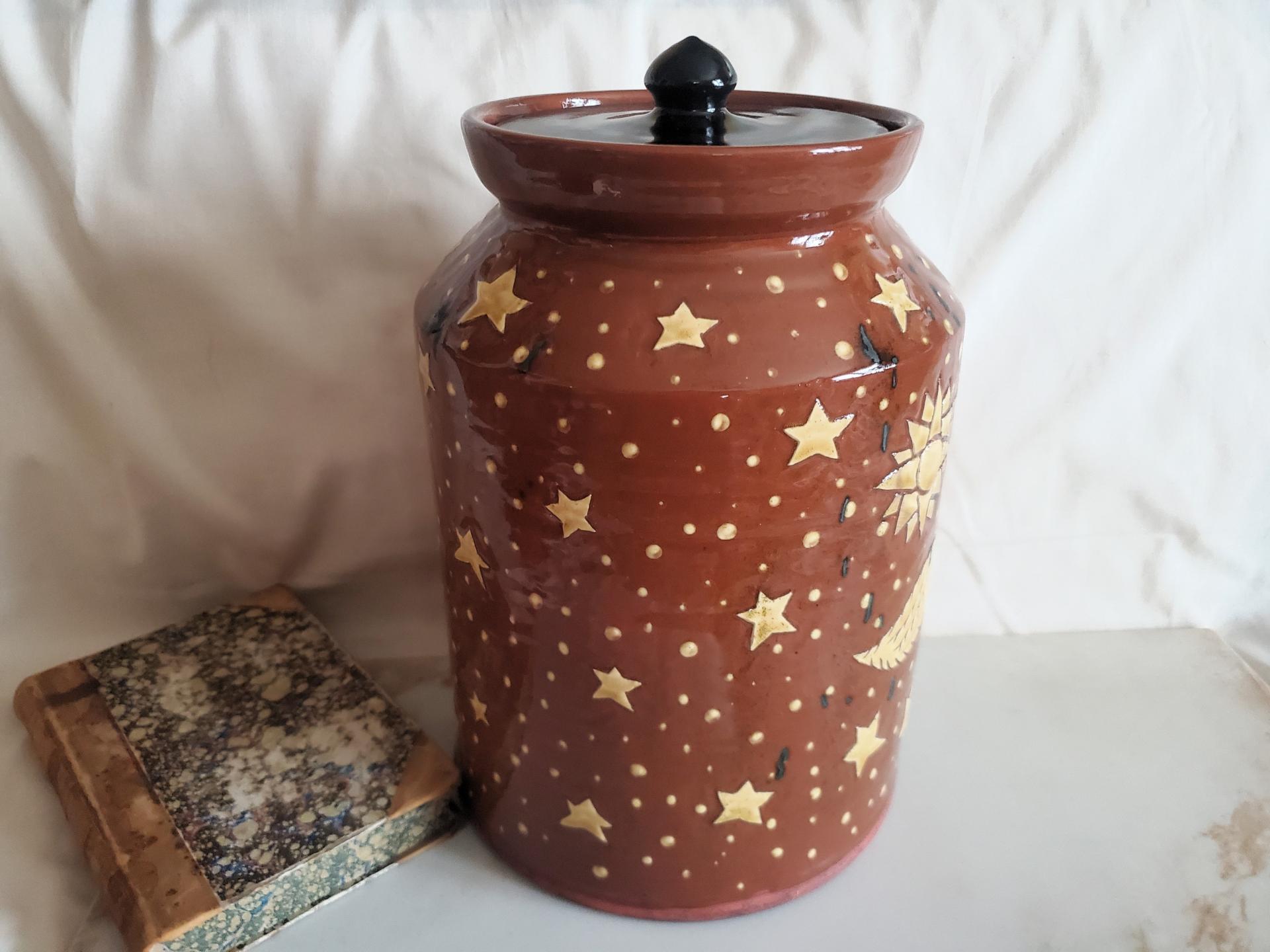 Unique Large Redware Jar, Angel with Moon and Sun Sgrafitto Motif