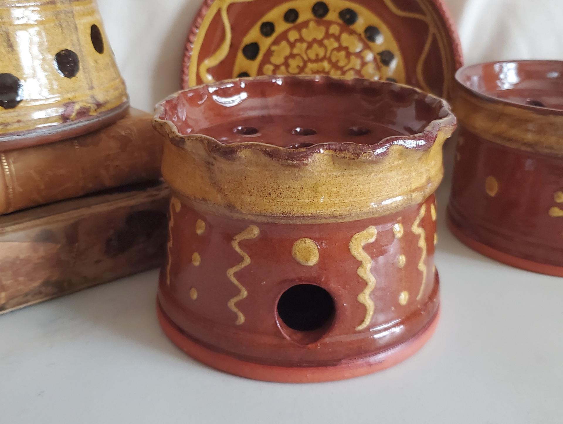 Handmade Redware Soap Dish with Squiggles and Dots pattern
