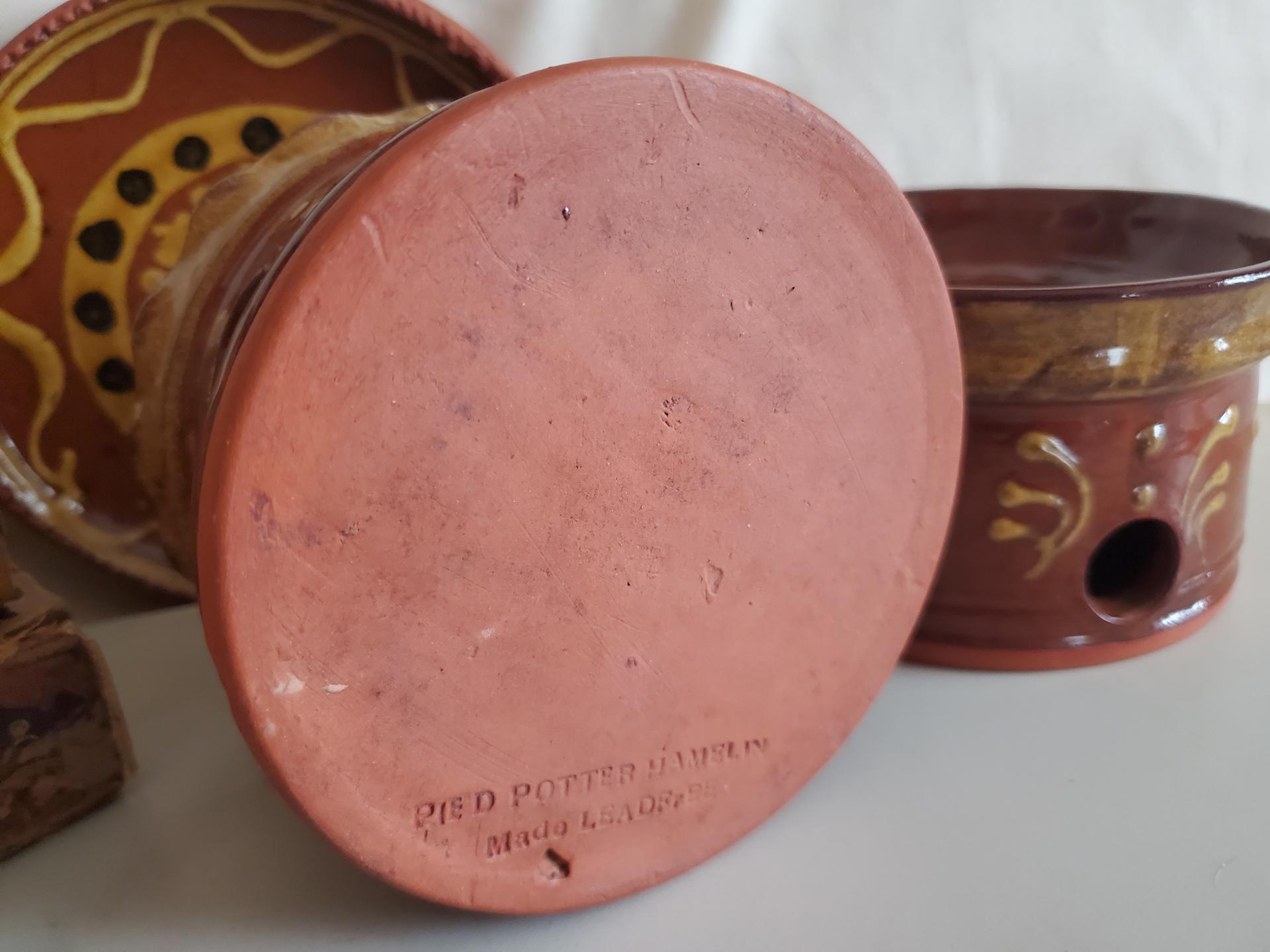 Handmade Redware Soap Dish with Squiggles and Dots pattern