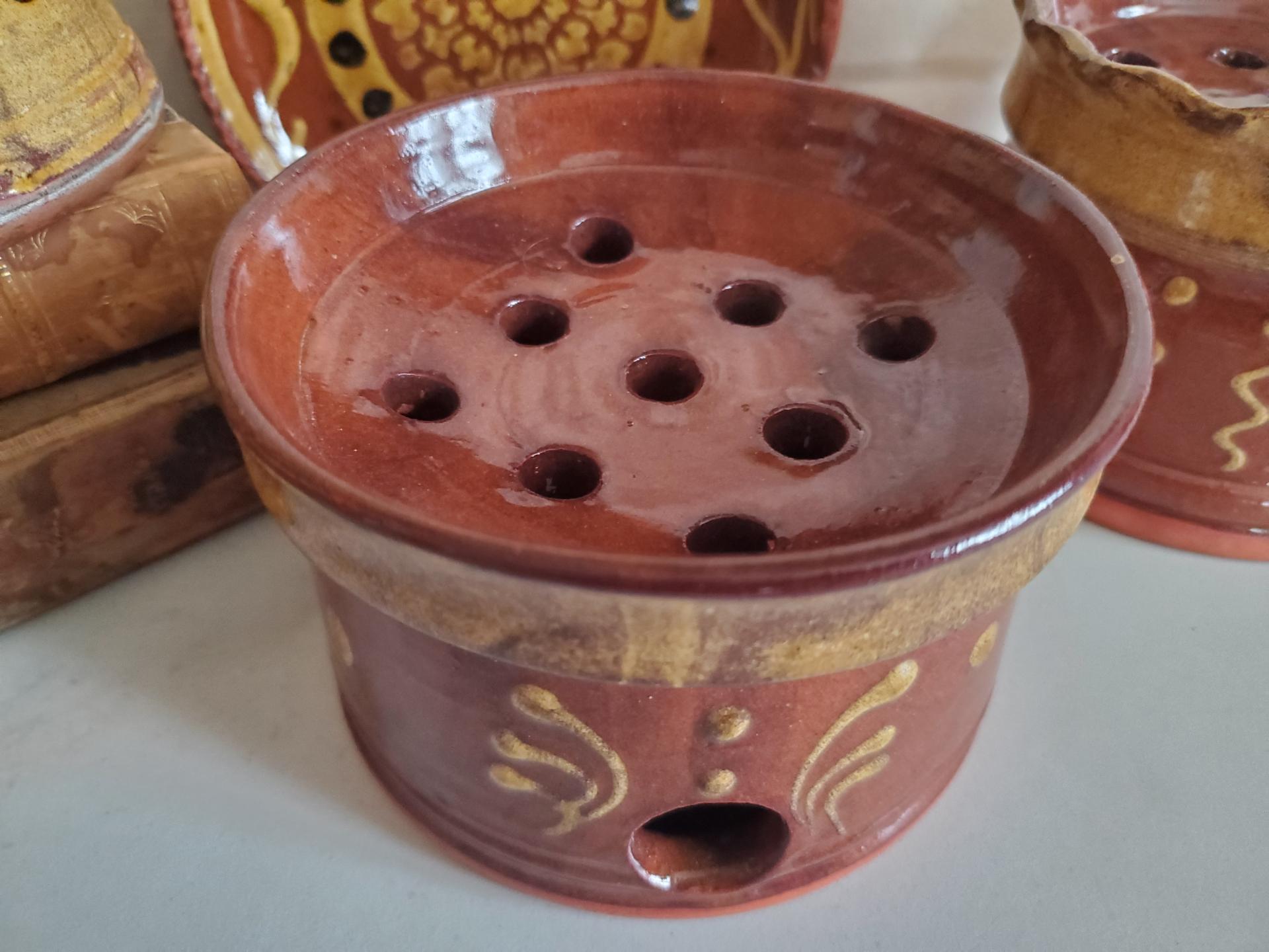 Handmade Redware Soap Dish with Feather Motif