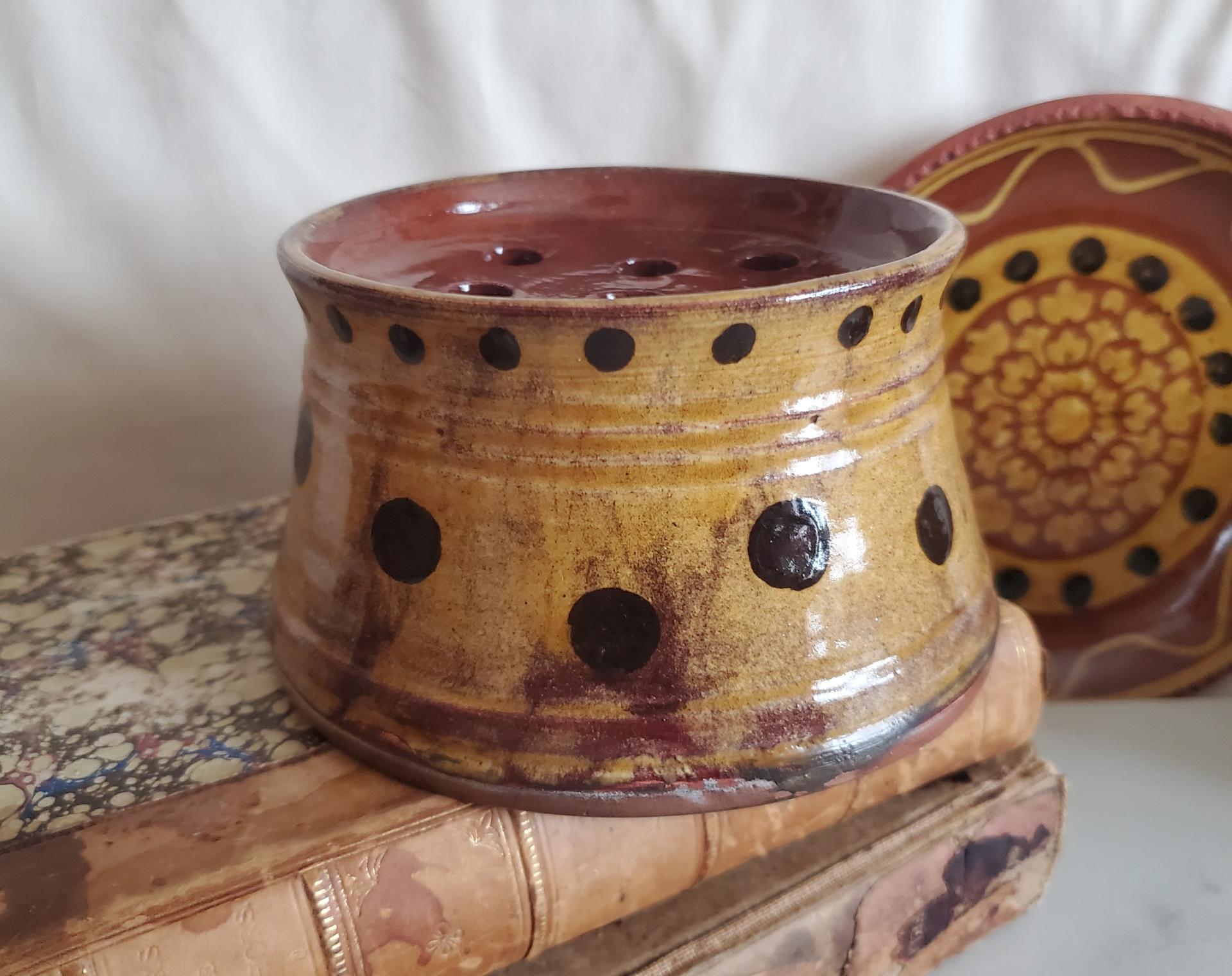 Handmade Redware Soap Dish with Black Dots