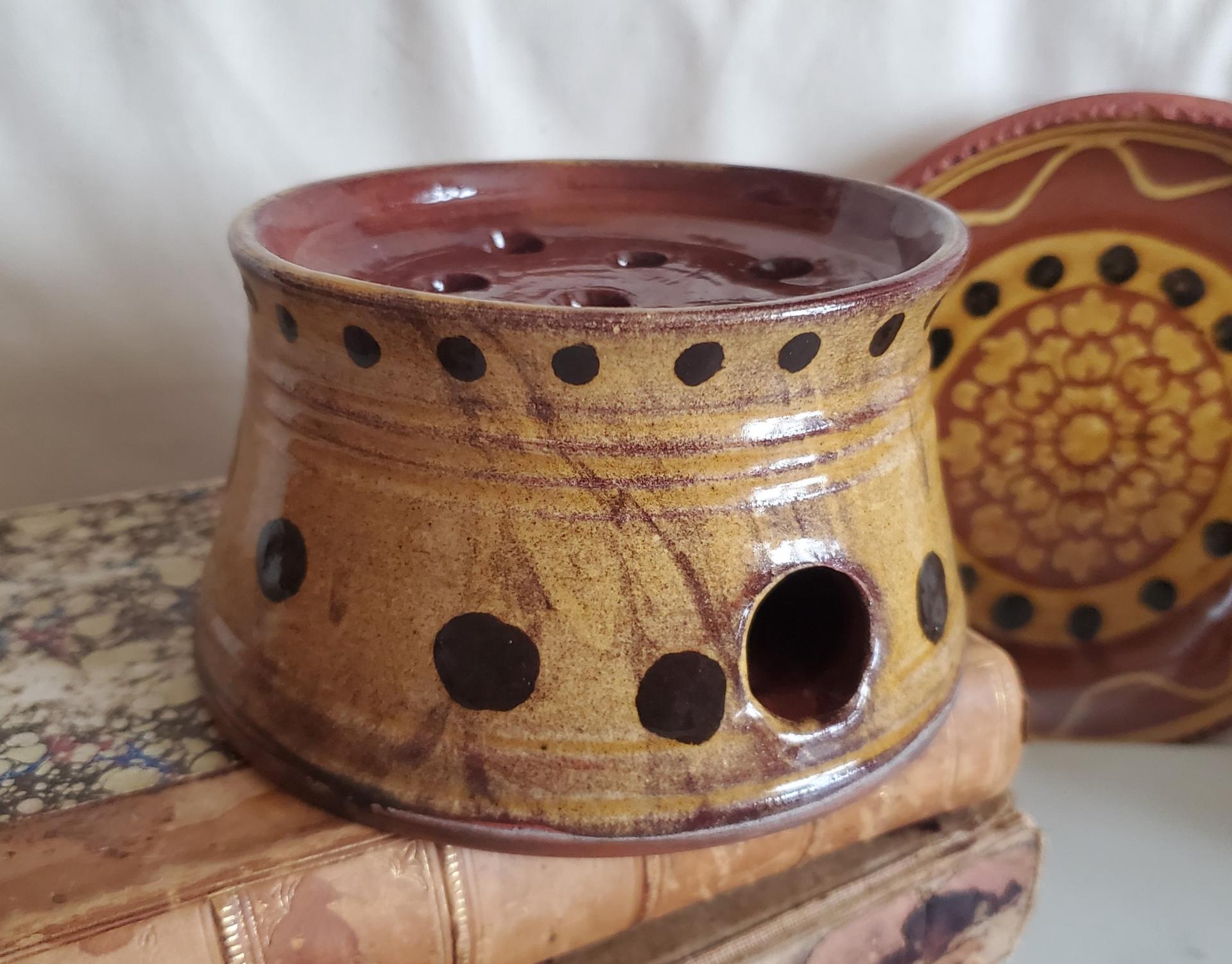 Handmade Redware Soap Dish with Black Dots