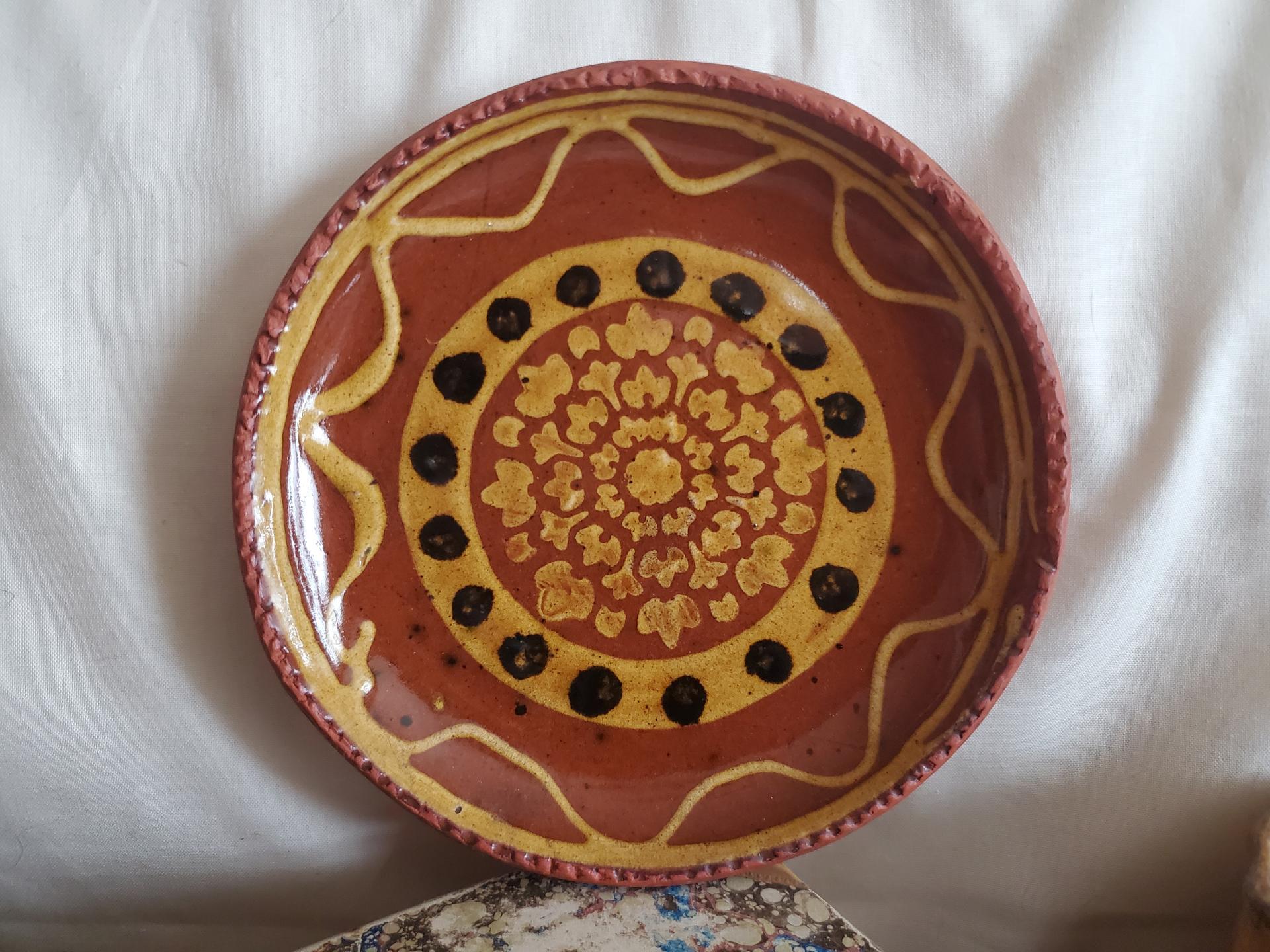 One-of-a-Kind Redware 7 in. Plate with Slip Motif, Food Safe, Antiqued