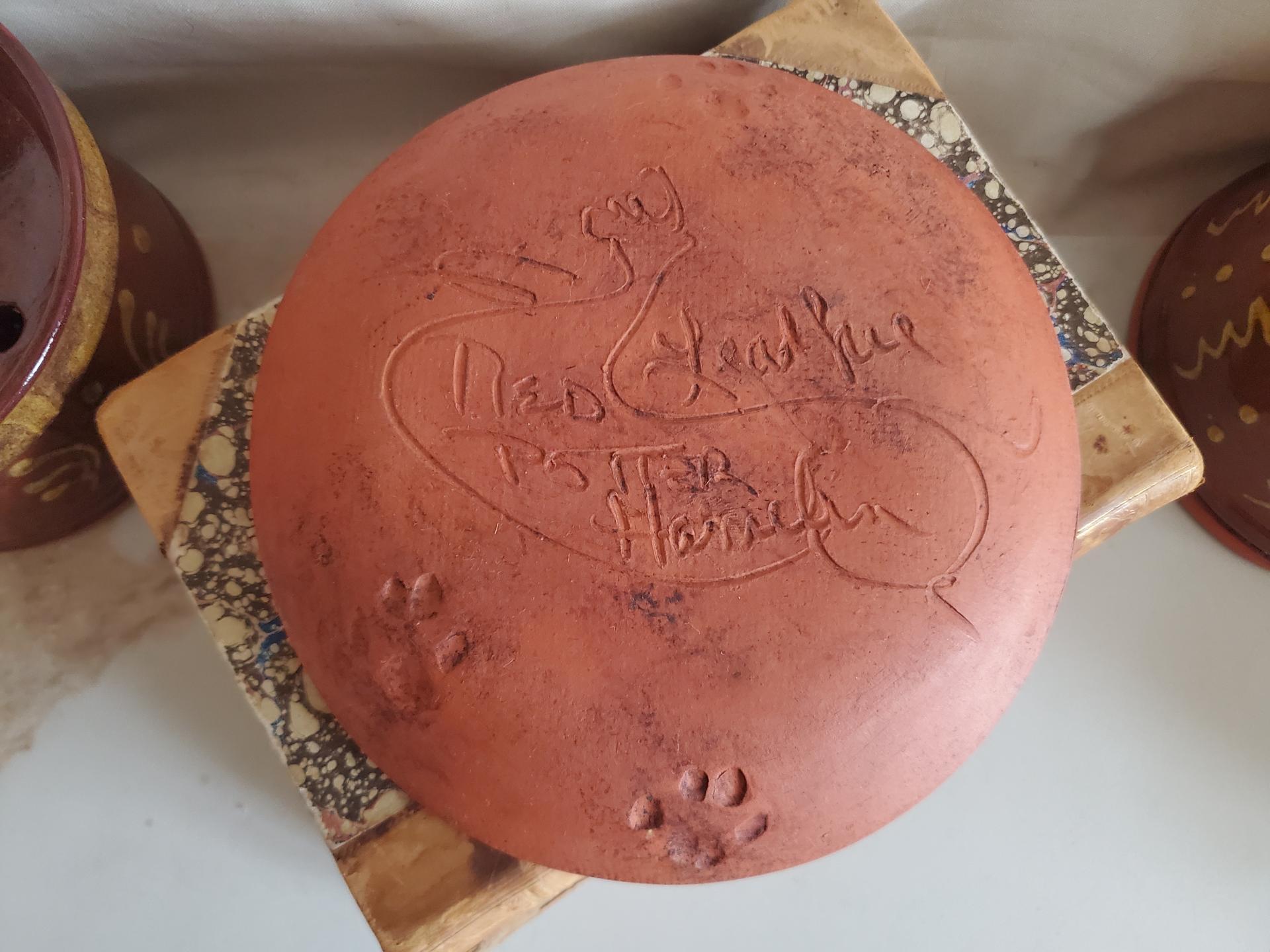 One-of-a-Kind Redware 7 in. Plate with Slip Motif, Food Safe, Antiqued