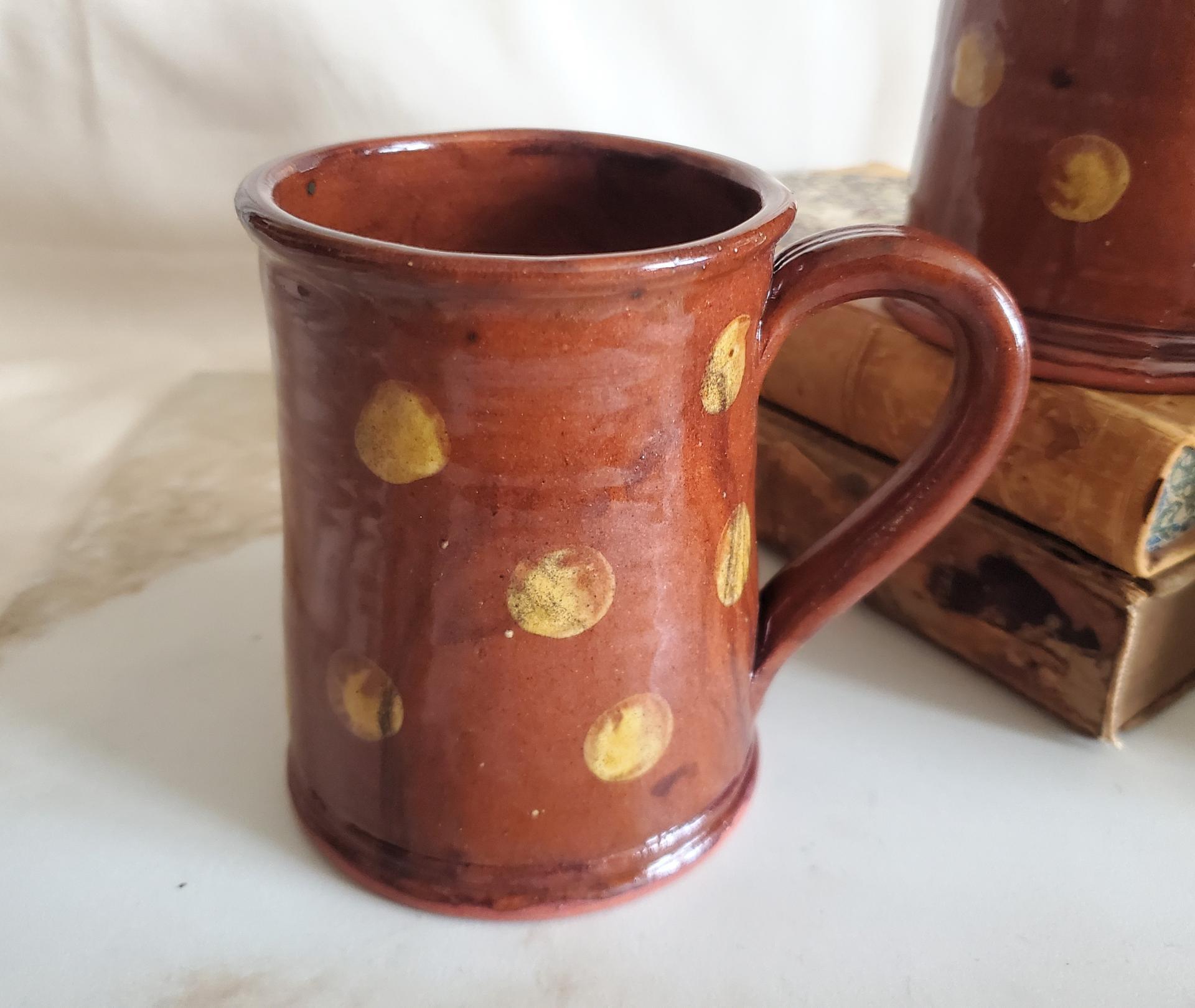 Handmade Redware Mugs (3) with Yellow Dots