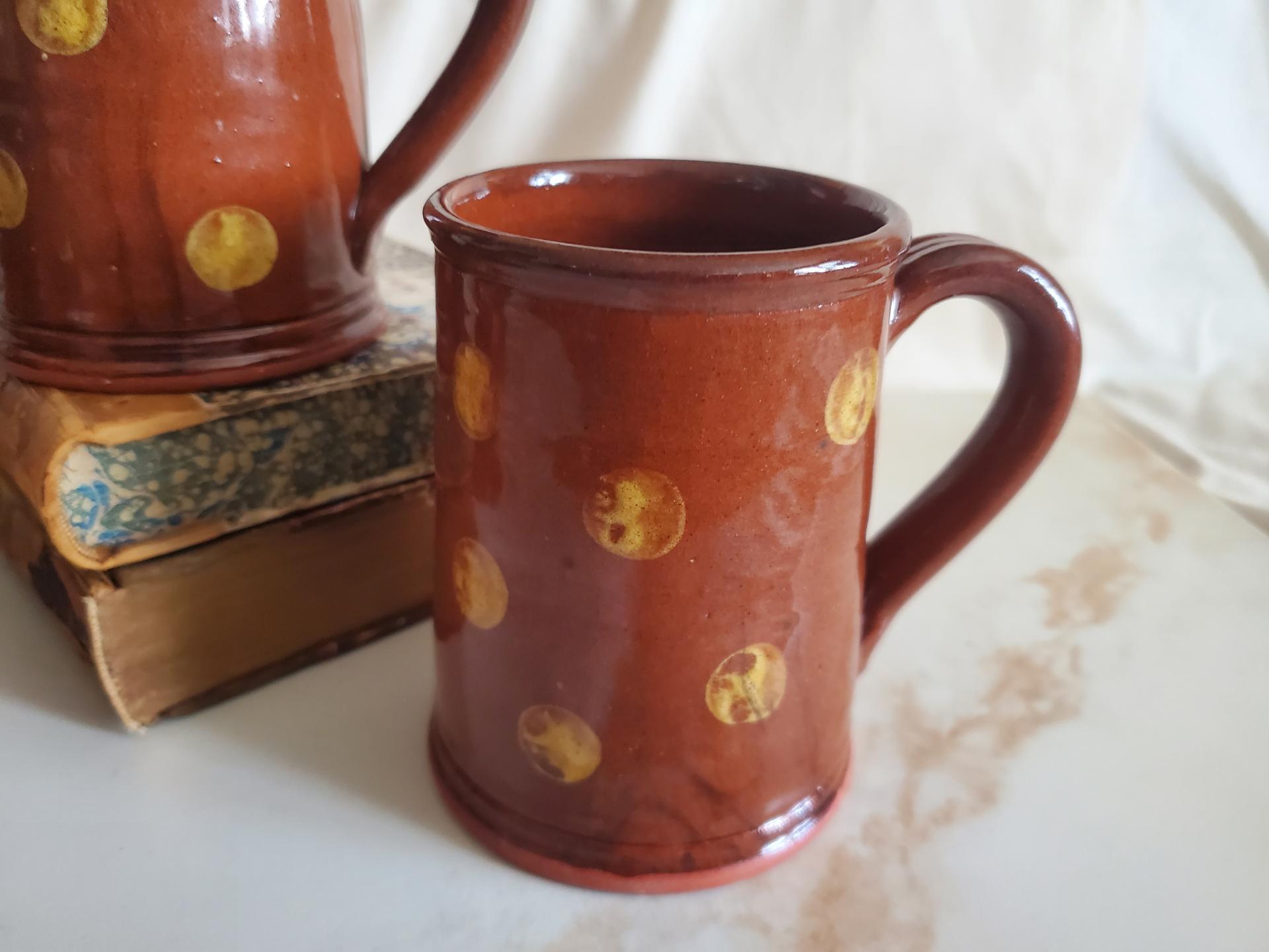 Handmade Redware Mugs (3) with Yellow Dots
