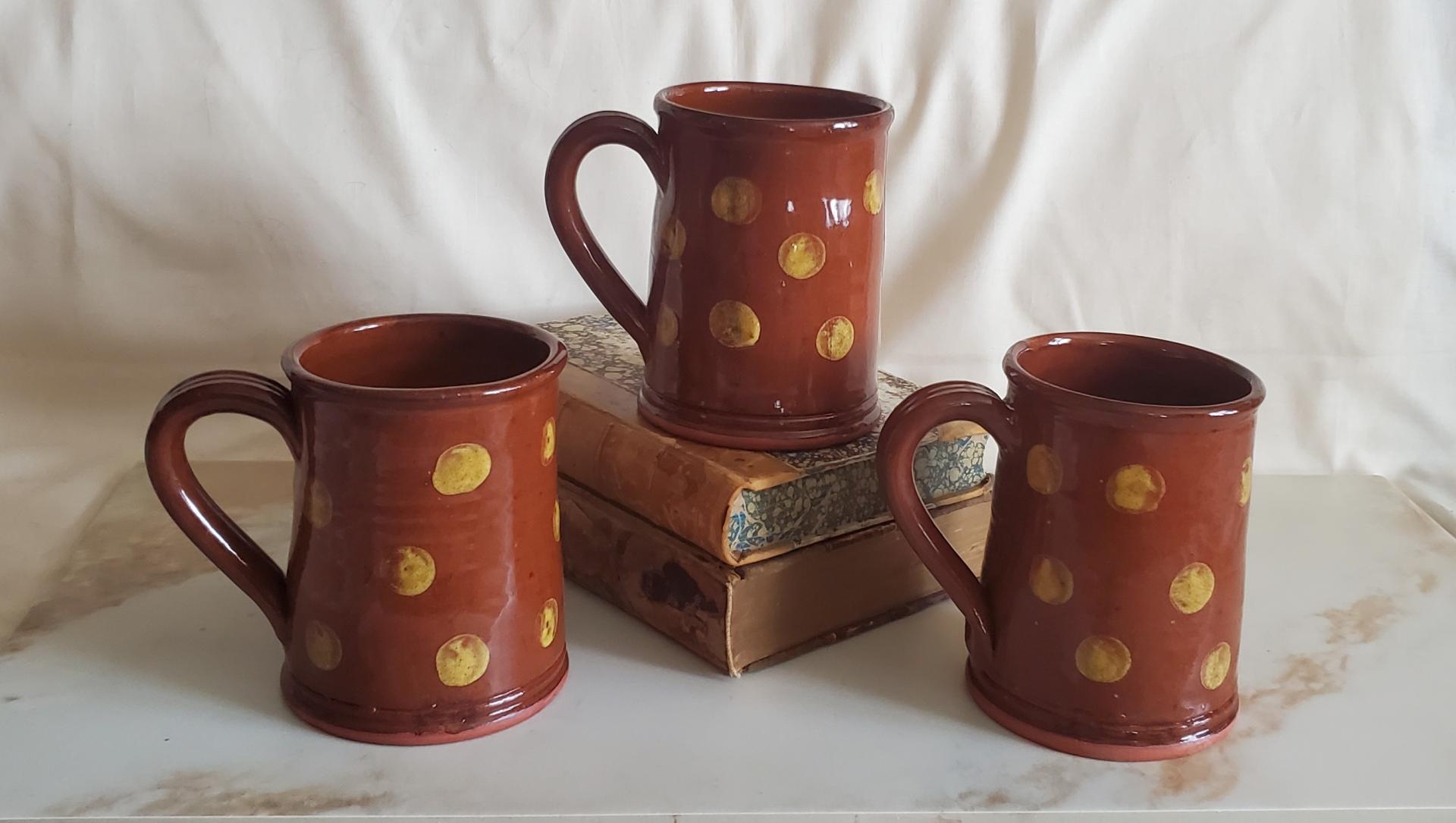 Handmade Redware Mugs (3) with Yellow Dots