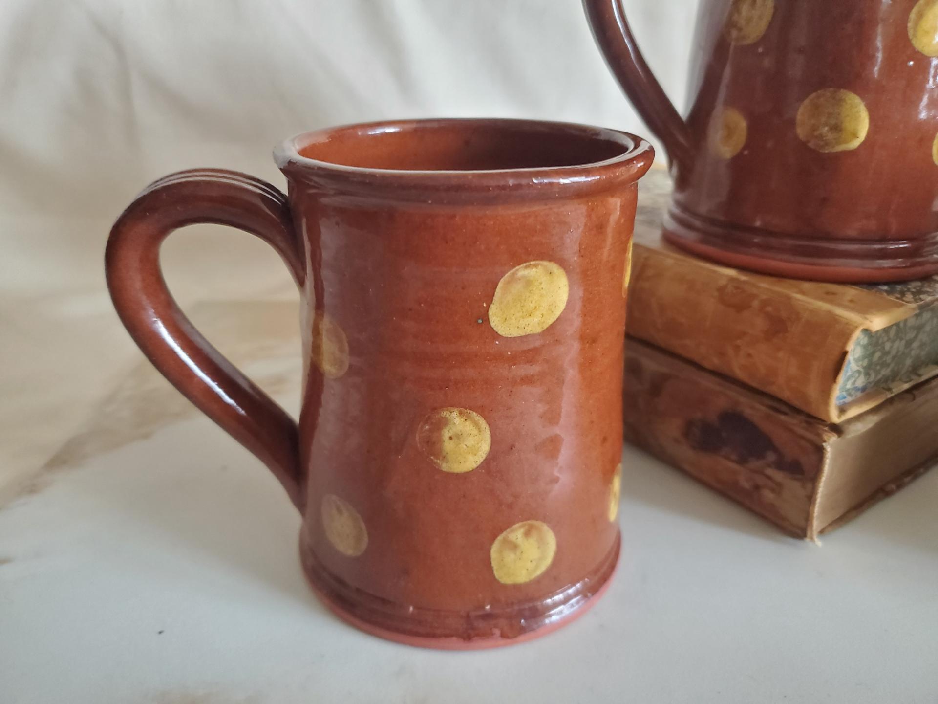 Handmade Redware Mugs (3) with Yellow Dots