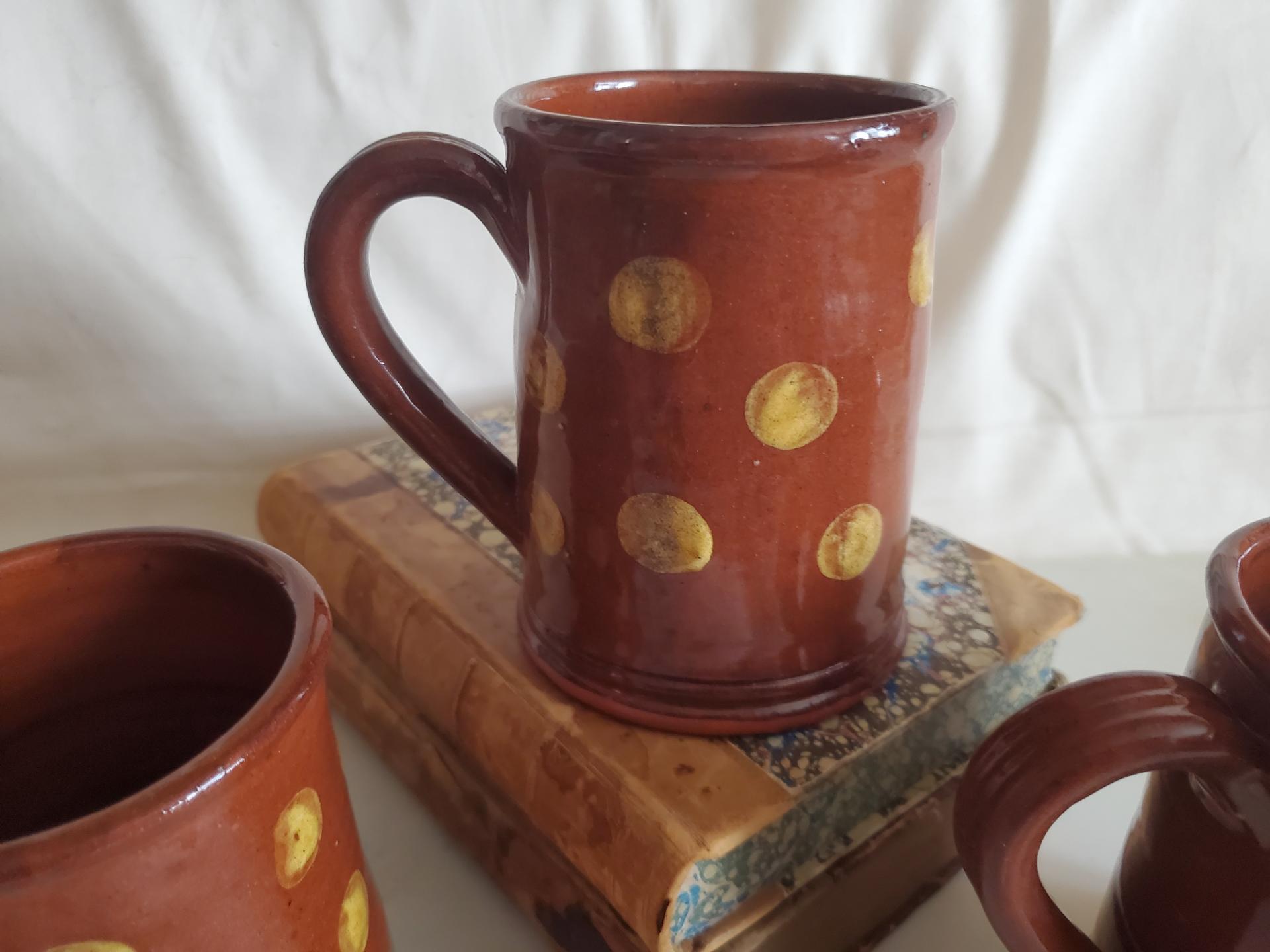Handmade Redware Mugs (3) with Yellow Dots
