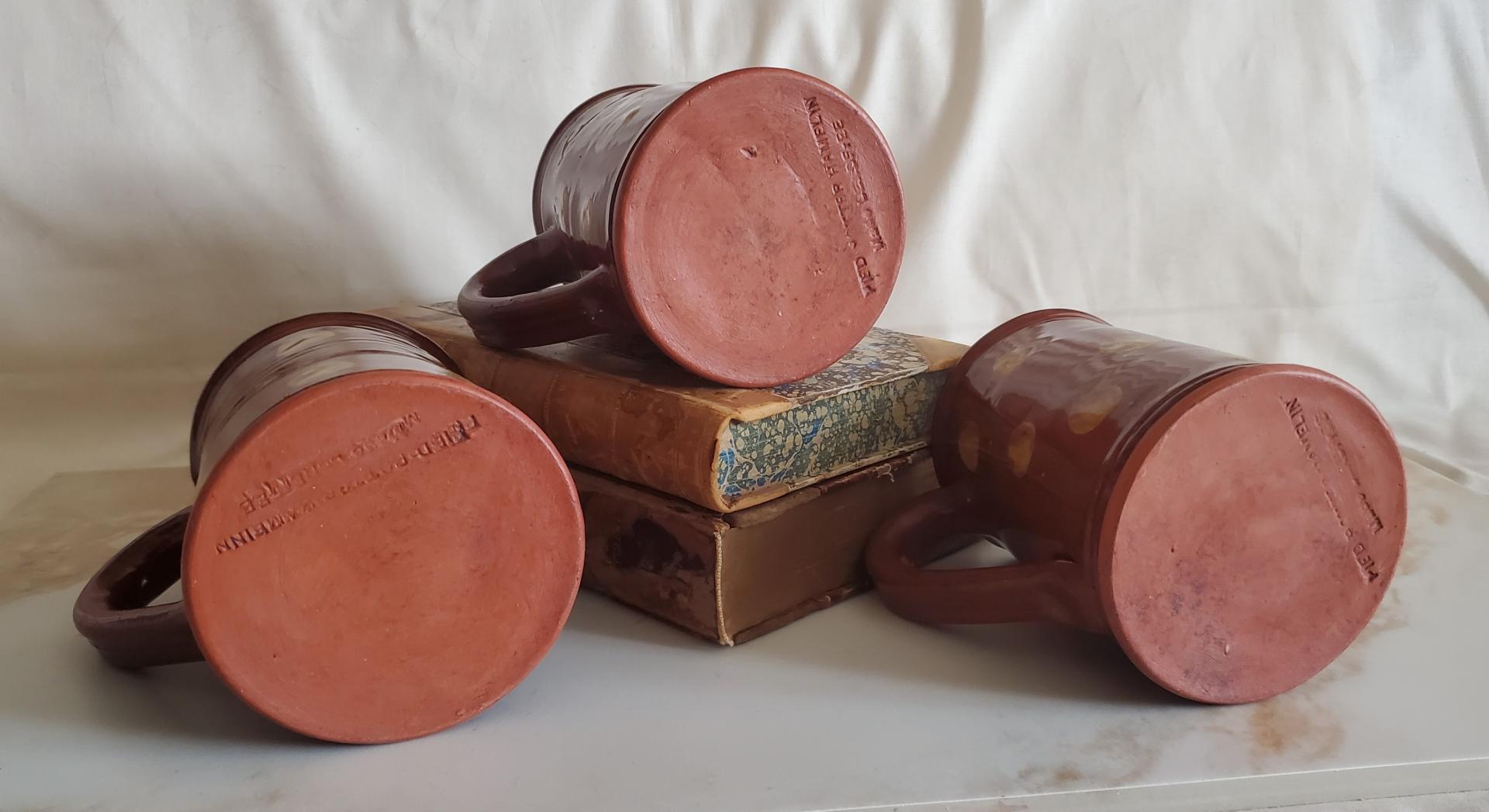 Handmade Redware Mugs (3) with Yellow Dots