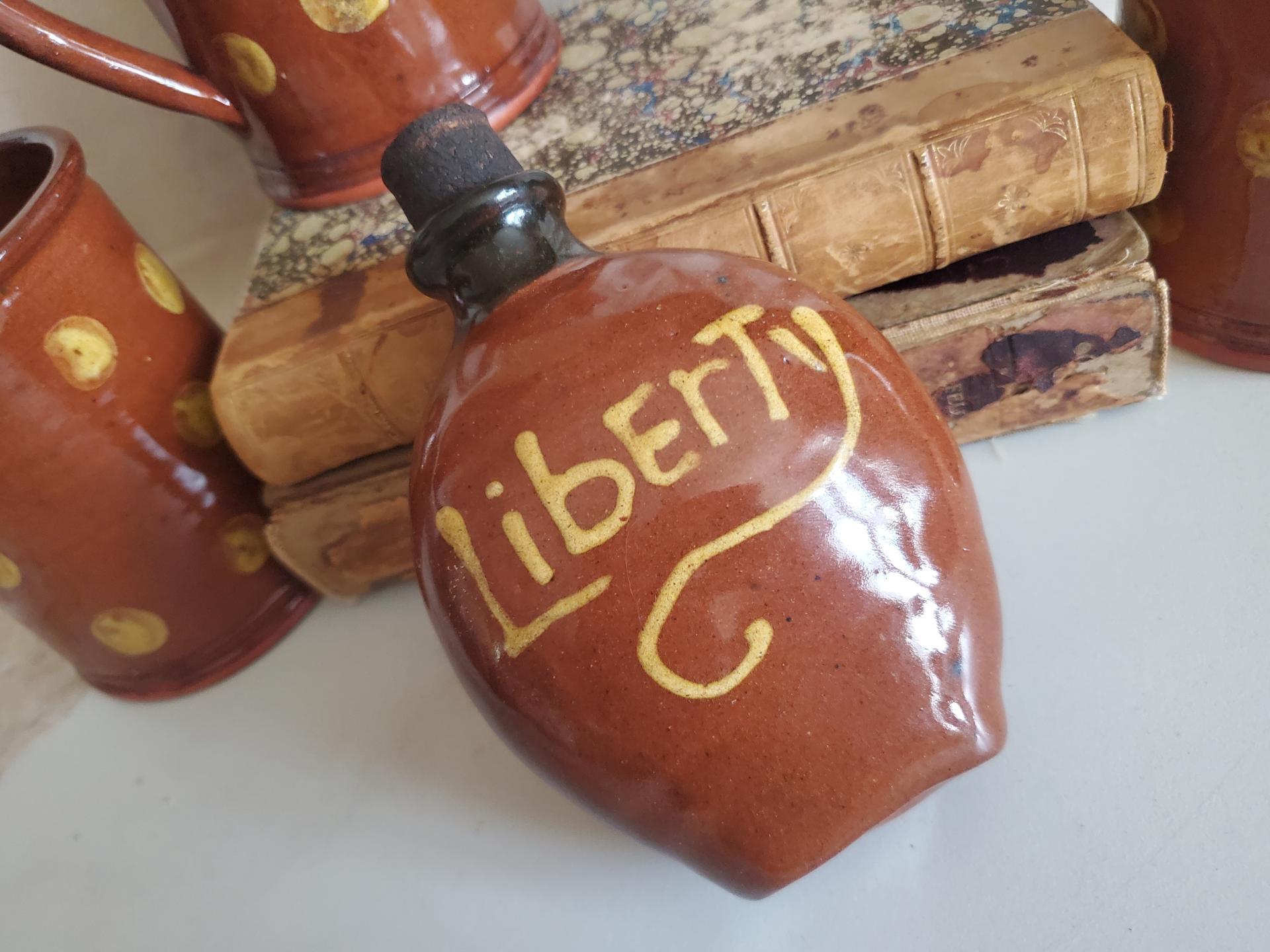 Redware Flask, Black Neck and Slipware Words