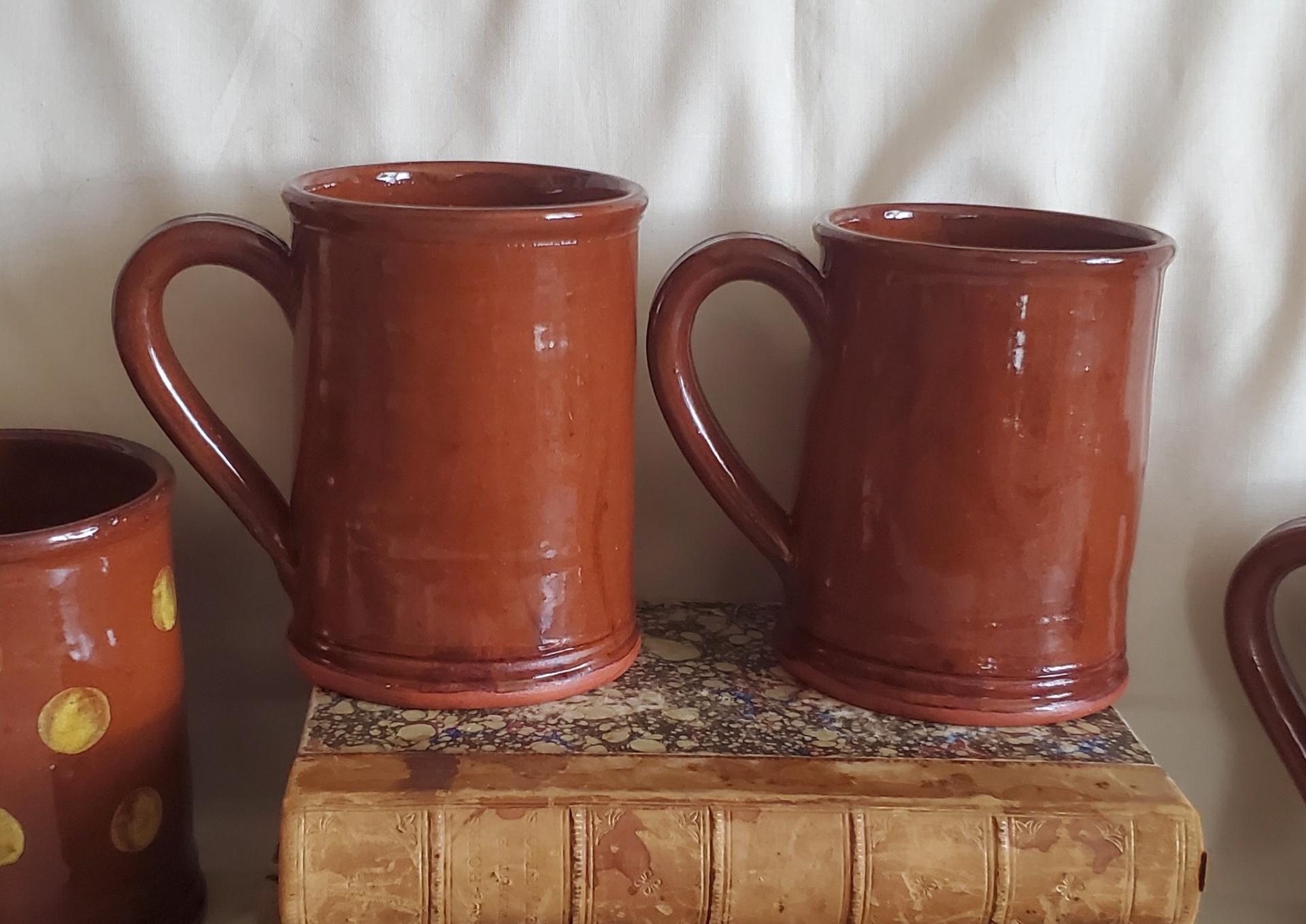Handmade Redware Mugs (2) with Feather Pattern