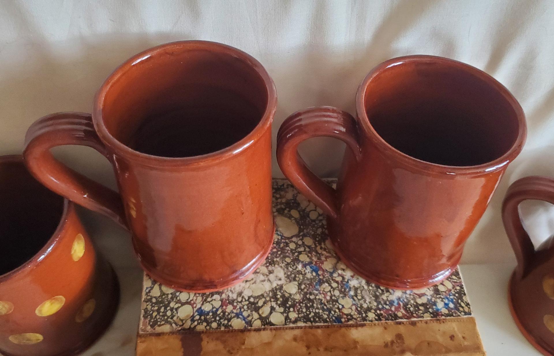 Handmade Redware Mugs (2) with Feather Pattern