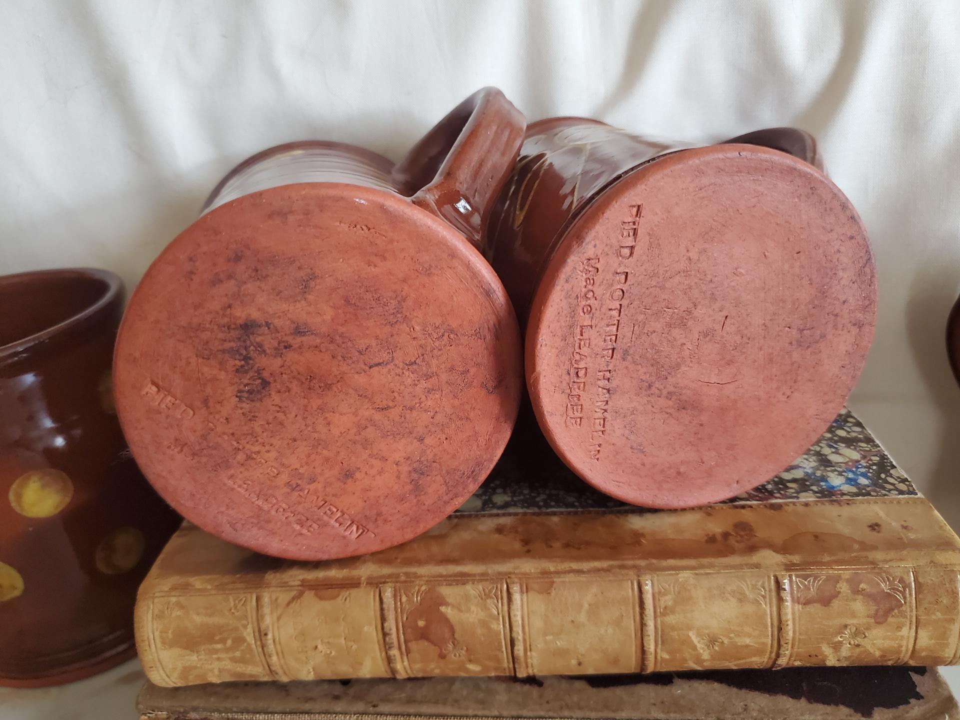 Handmade Redware Mugs (2) with Feather Pattern
