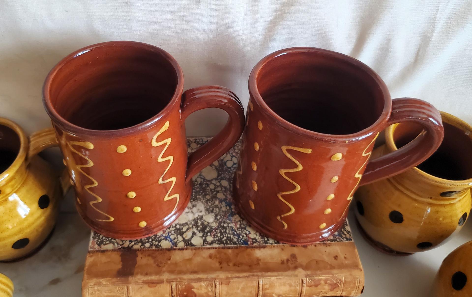 Handmade Redware Mugs (2) with Squiggles and Dots Pattern