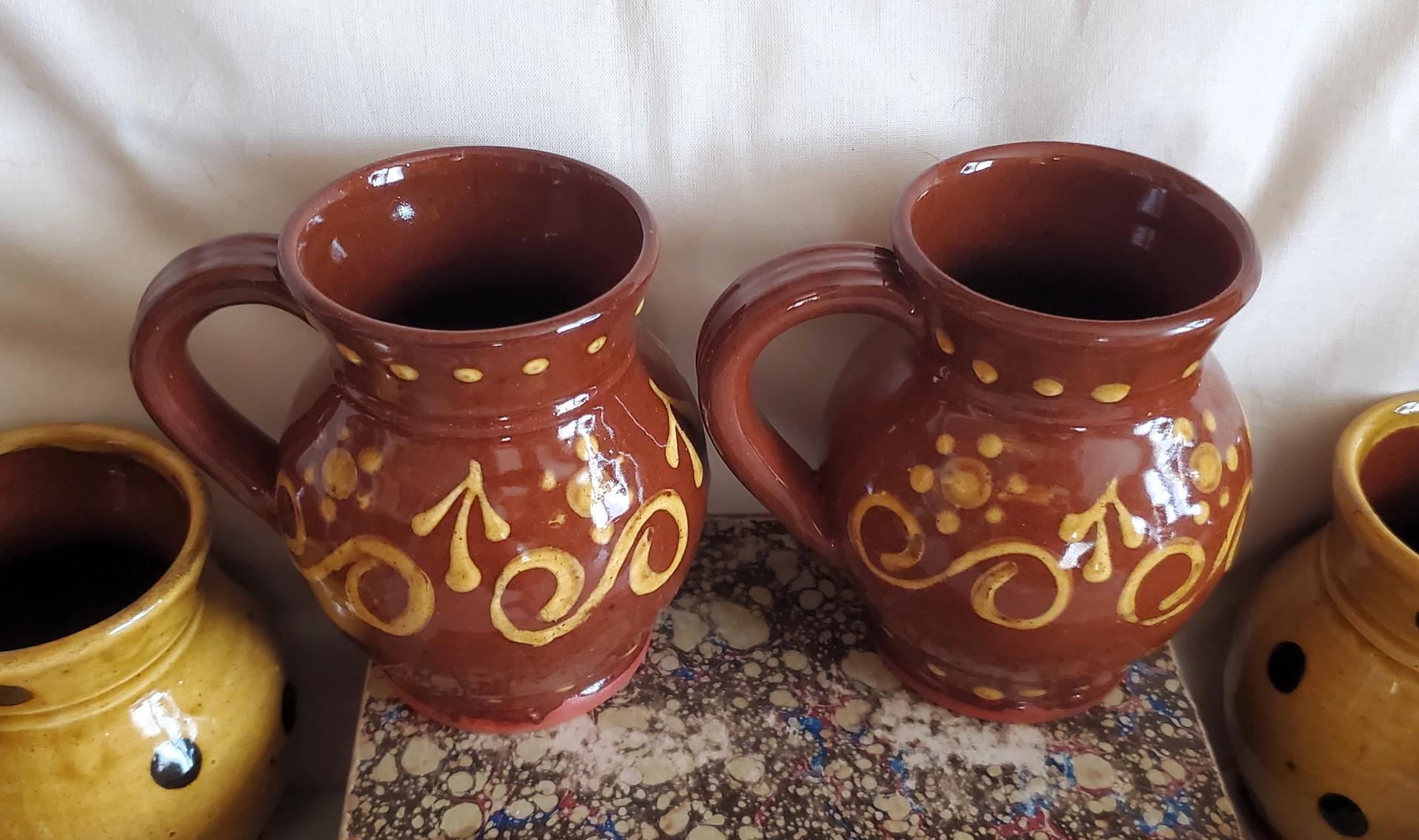 Redware Mugs (2) with Slip Pattern, Handmade