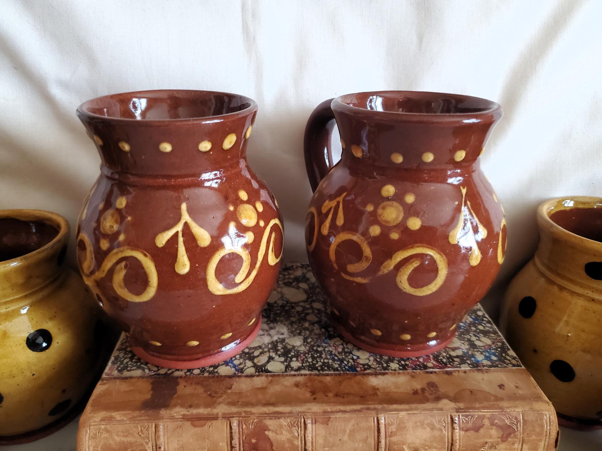Redware Mugs (2) with Slip Pattern, Handmade