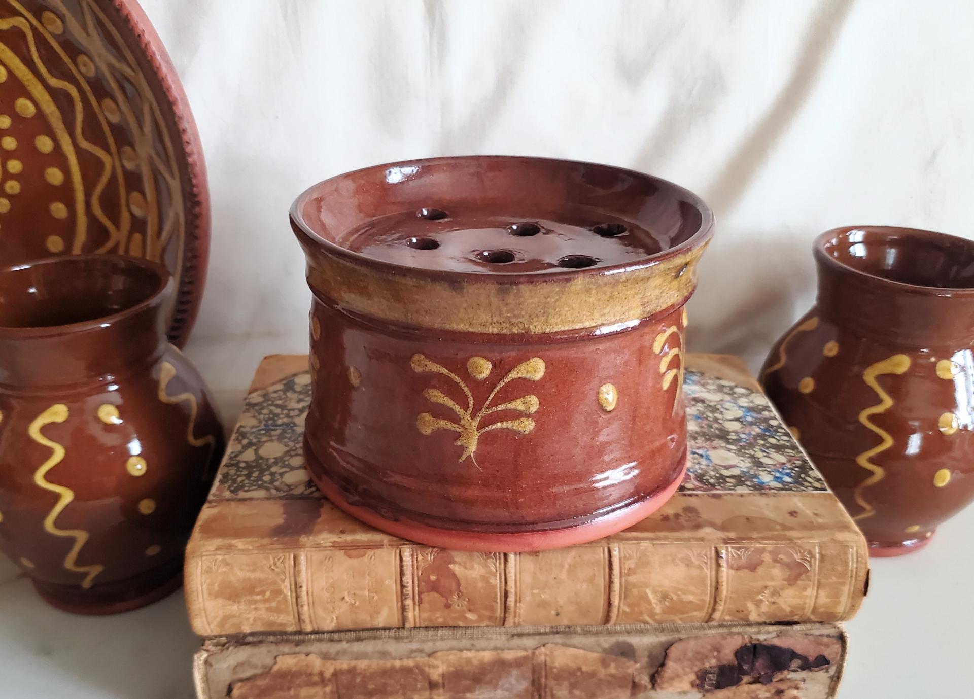  Handmade Redware Soap Dish with Feather Motif