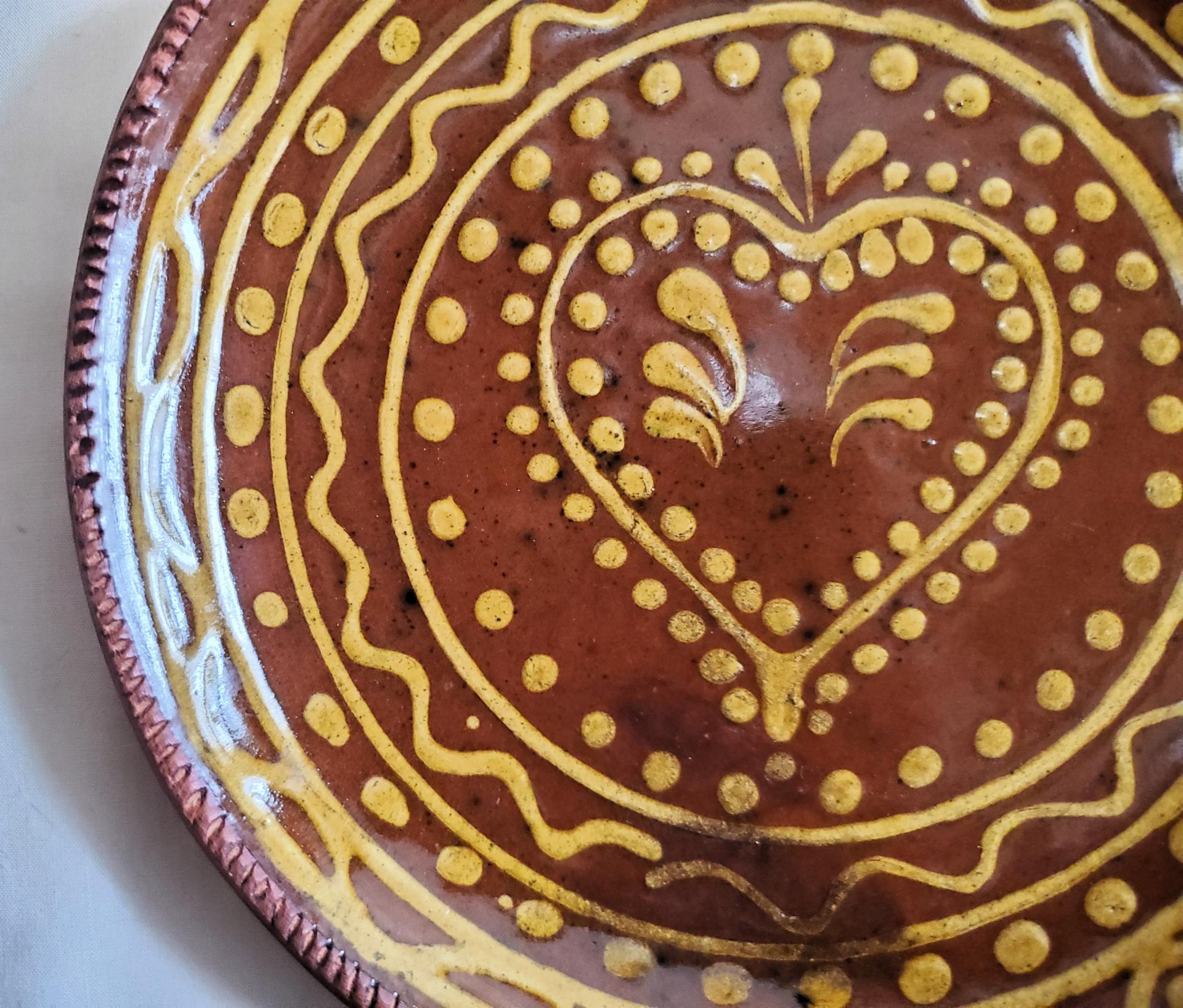 Redware 11 in. Plate, One-of-a-Kind Slip Motif, Antiqued