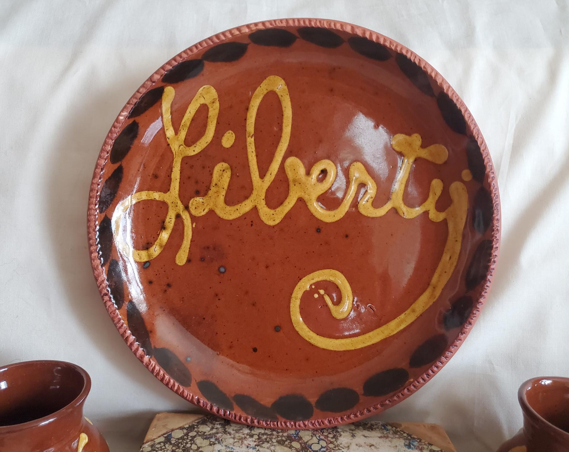Redware 11 in. Plate, One-of-a-Kind "Liberty" Slip Motif, Antiqued