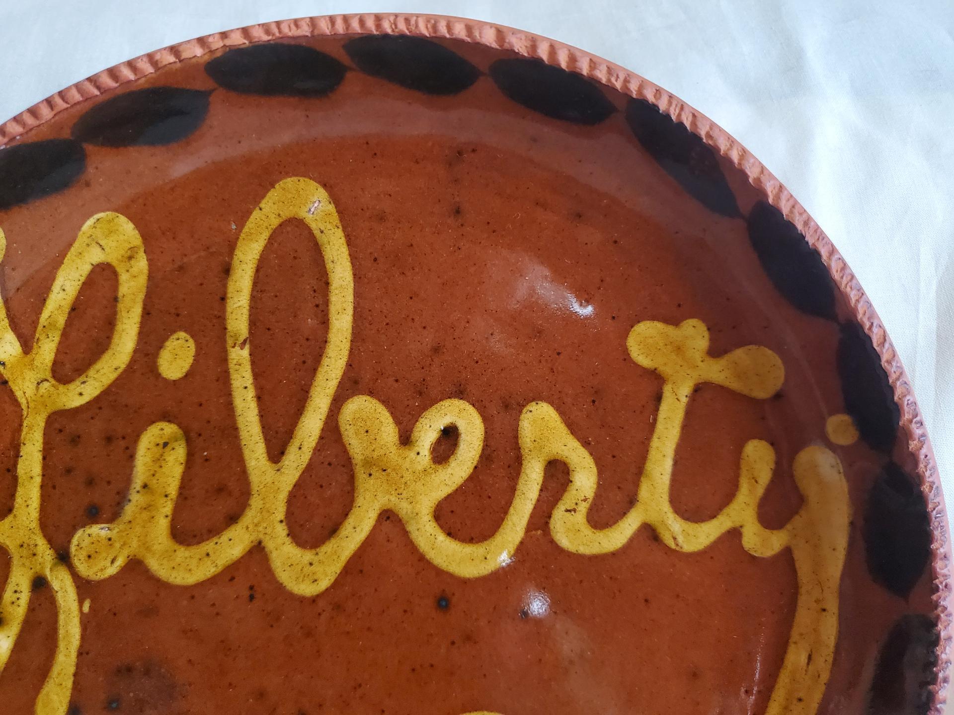 Redware 11 in. Plate, One-of-a-Kind "Liberty" Slip Motif, Antiqued