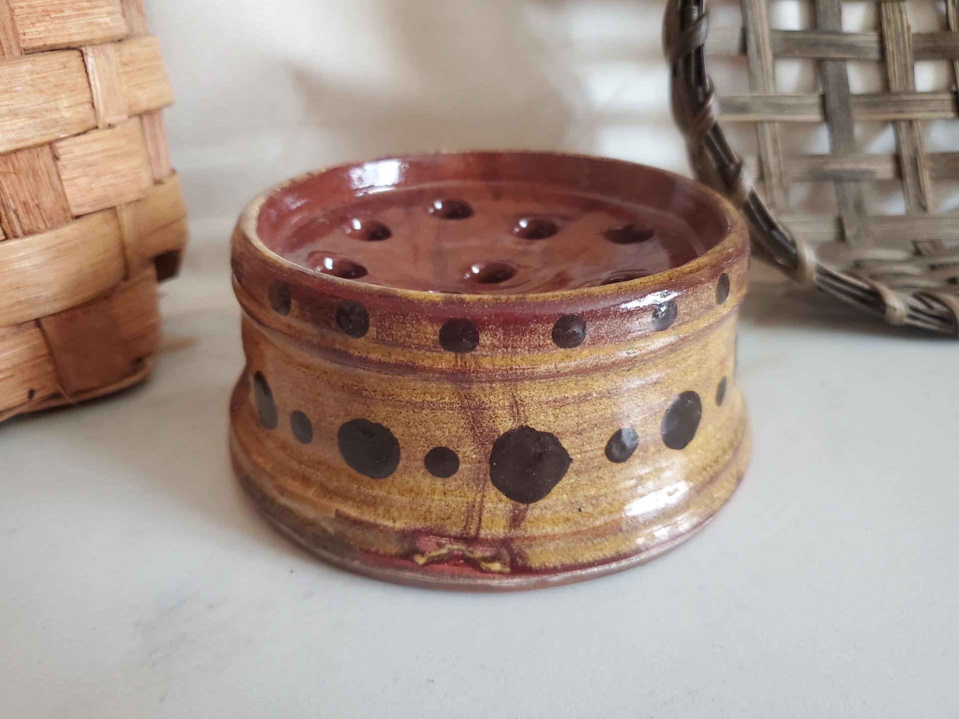 Handmade Redware Soap Dish with Black Dots