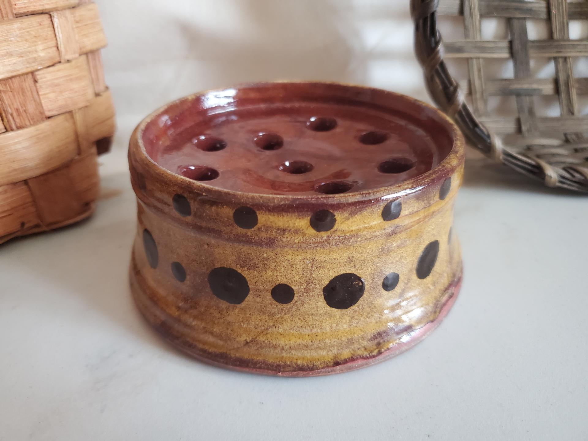 Handmade Redware Soap Dish with Black Dots