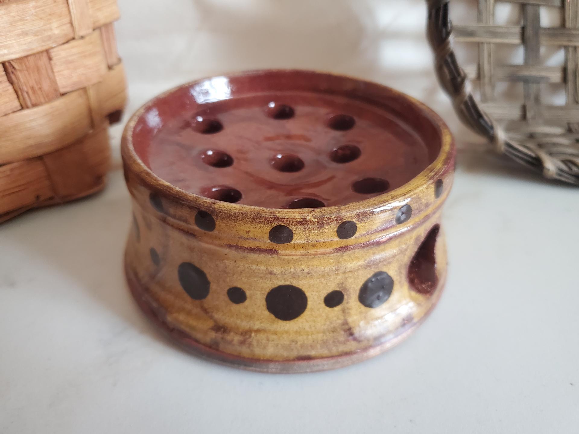 Handmade Redware Soap Dish with Black Dots