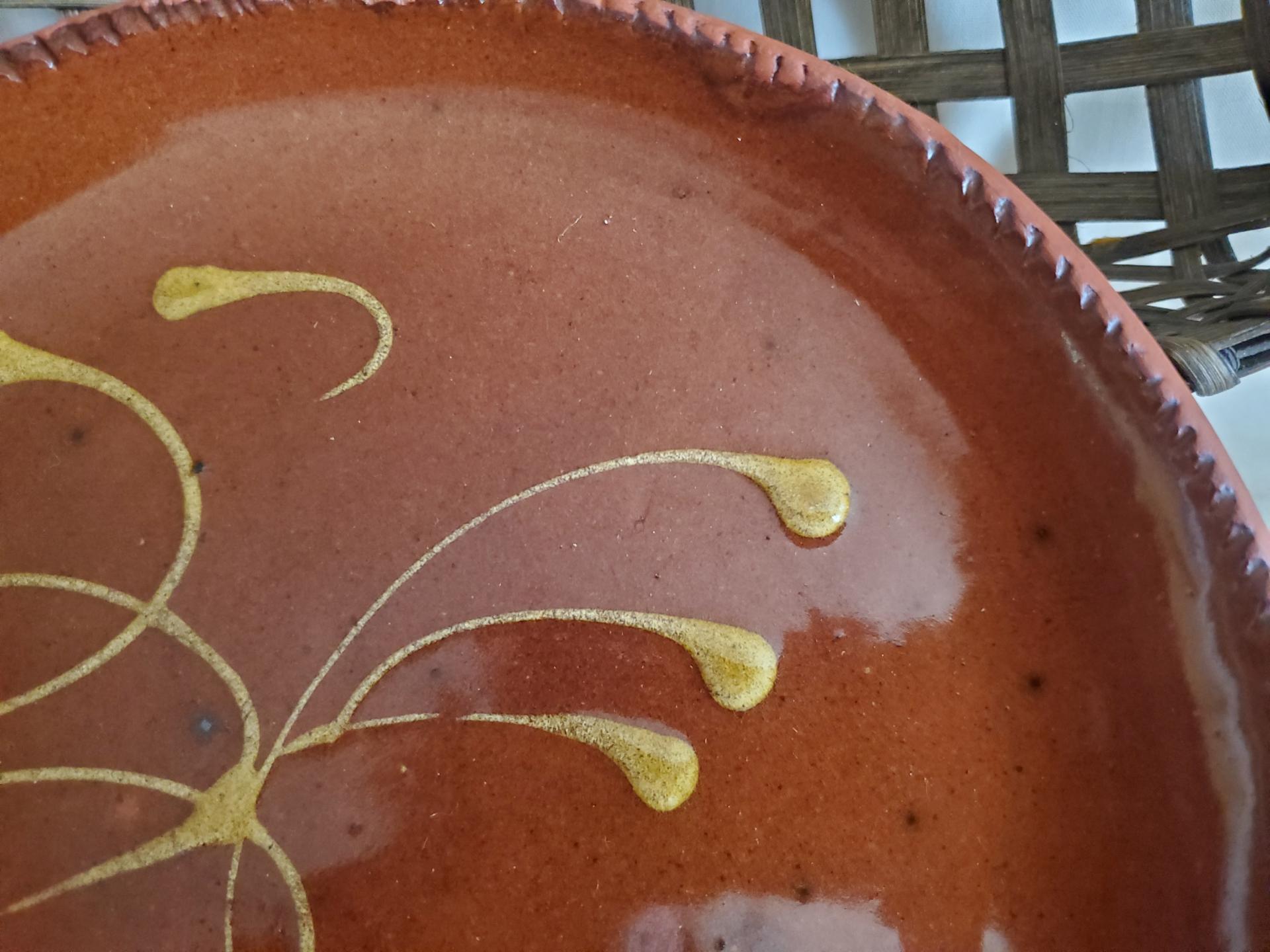 Redware 9 in. Plate, Feather Motif, Antiqued