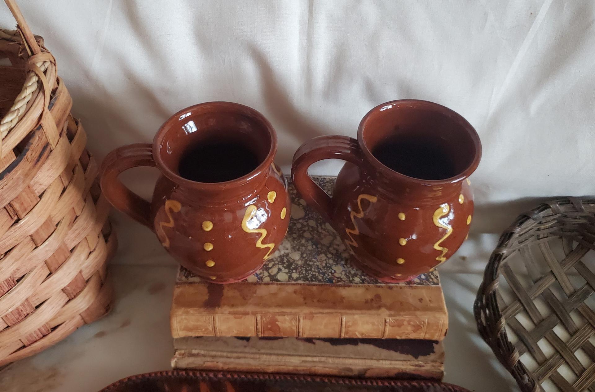 Redware Mugs (2), Squiggles and Dots Pattern