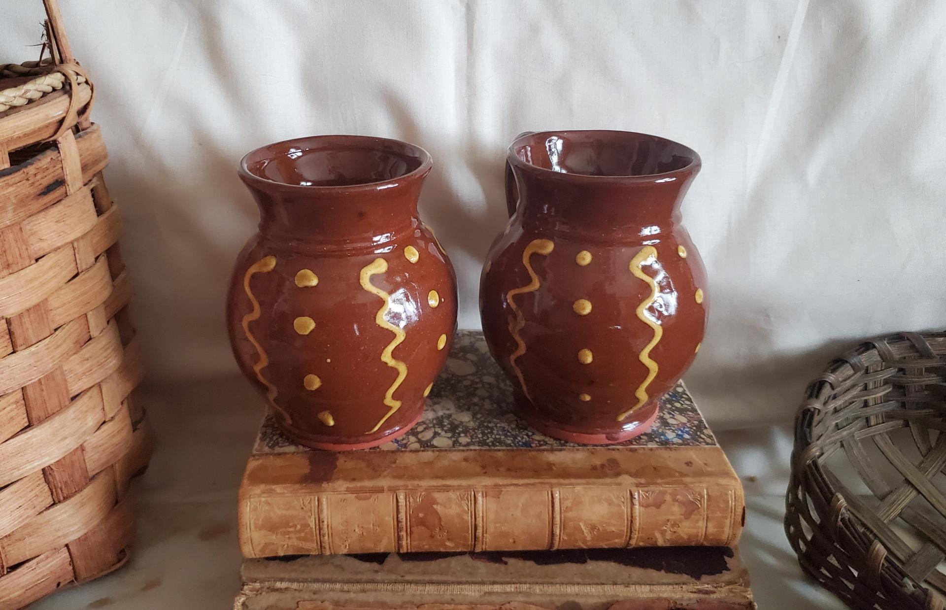 Redware Mugs (2), Squiggles and Dots Pattern