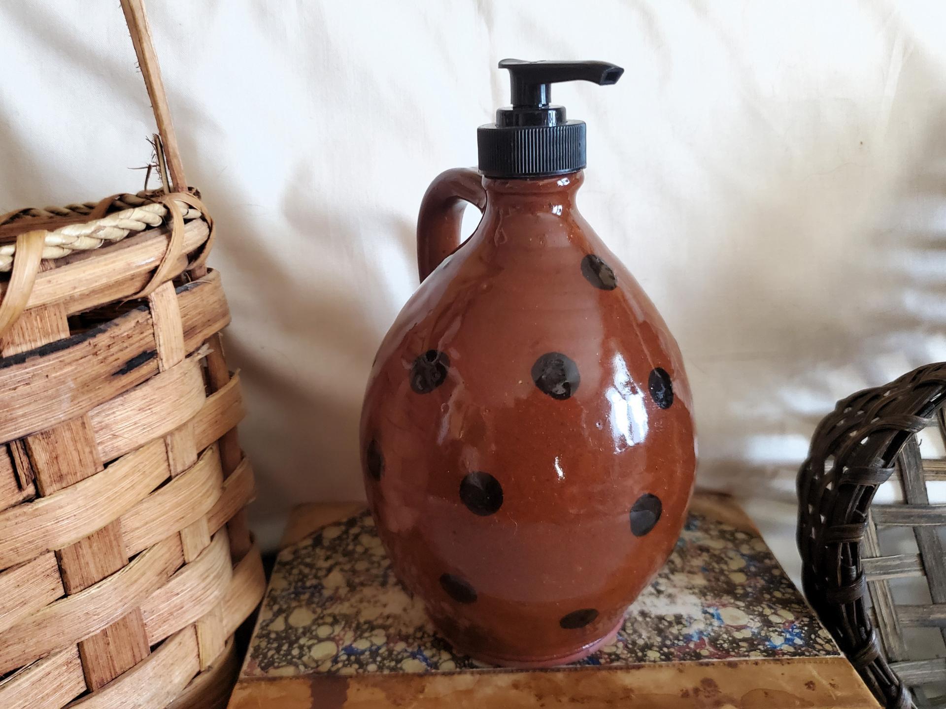 Redware Soap or Lotion Dispenser Jug with Black Dots