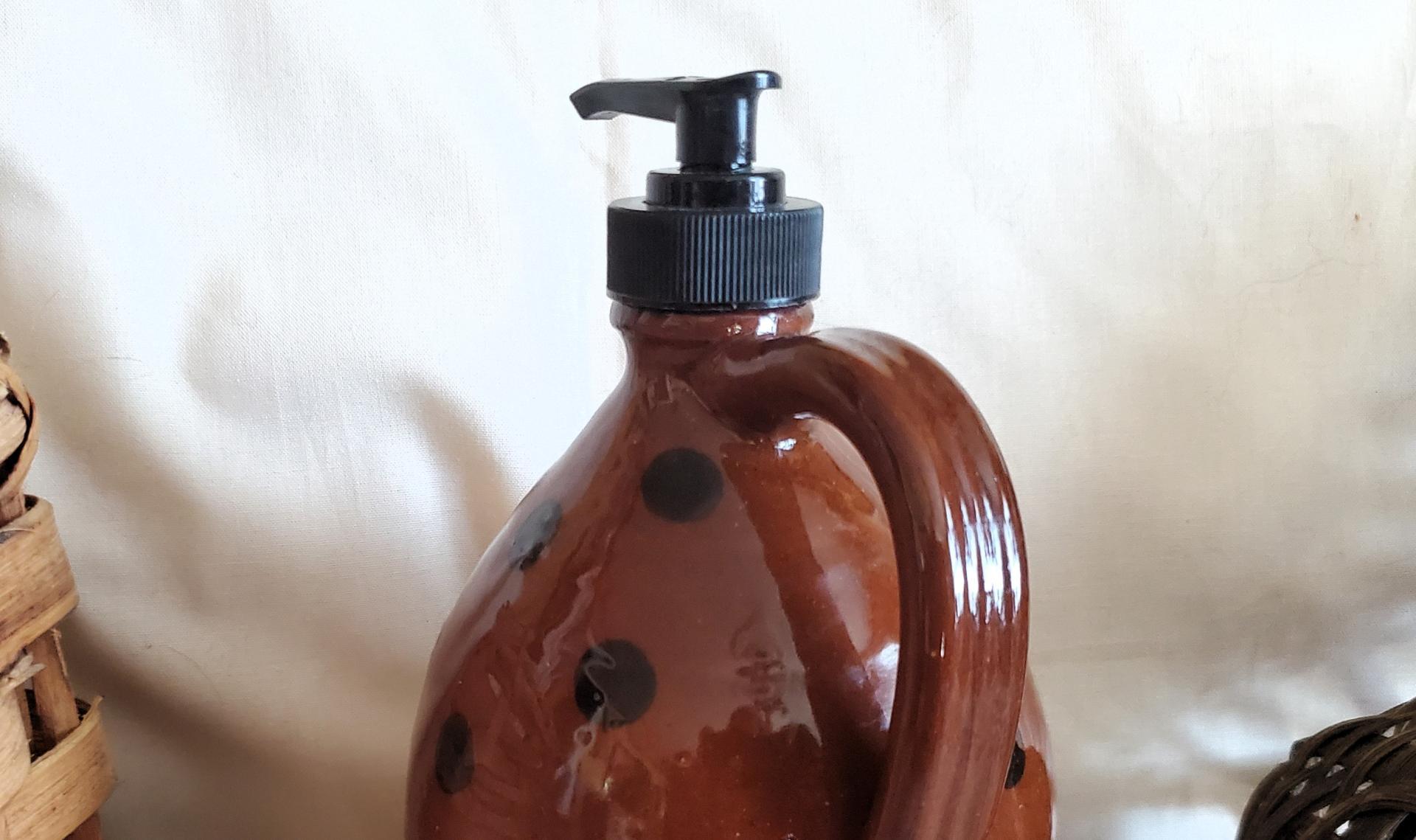 Redware Soap or Lotion Dispenser Jug with Black Dots