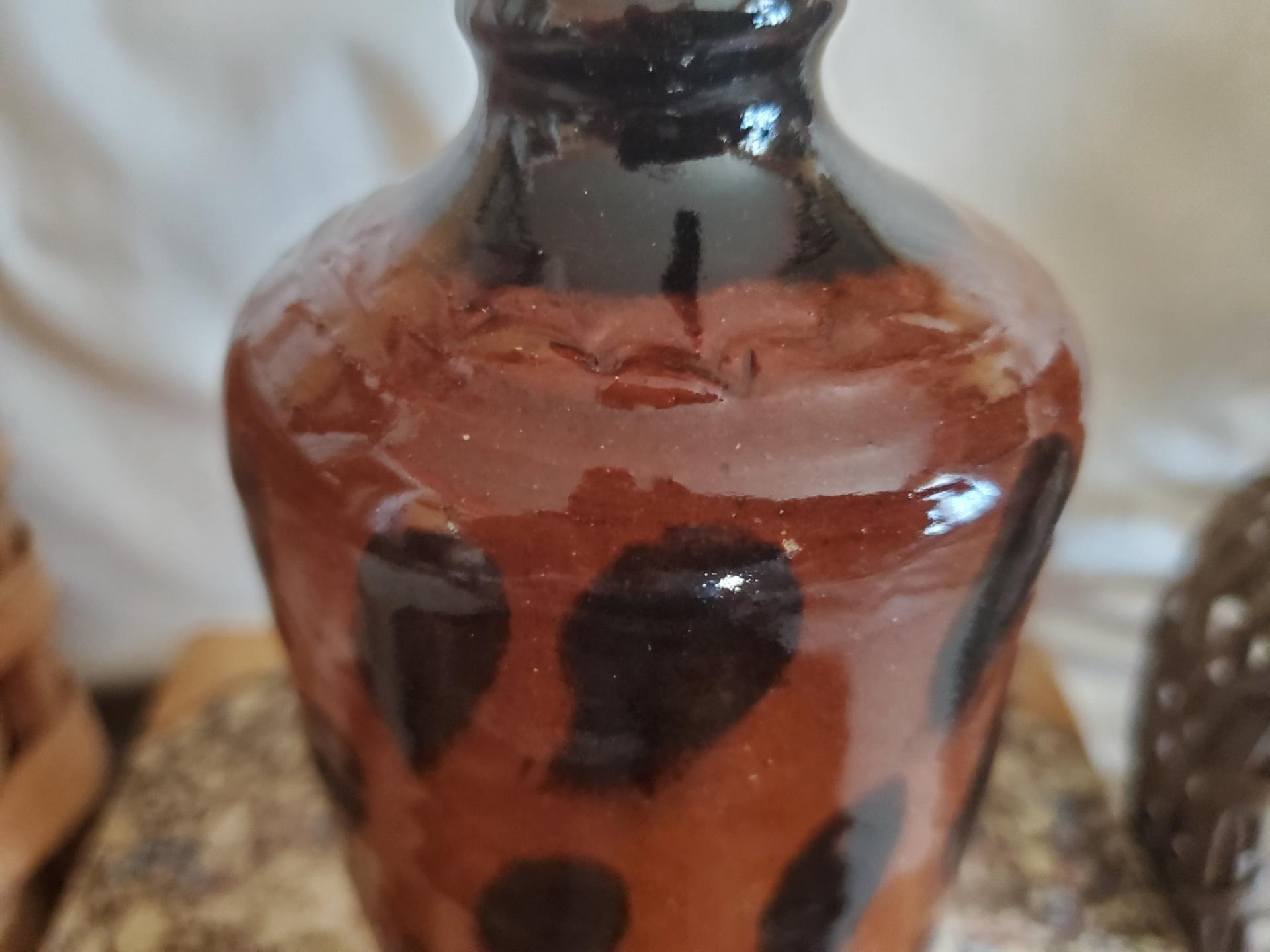 Redware Soap or Lotion Dispenser Bottle with Black Dapples