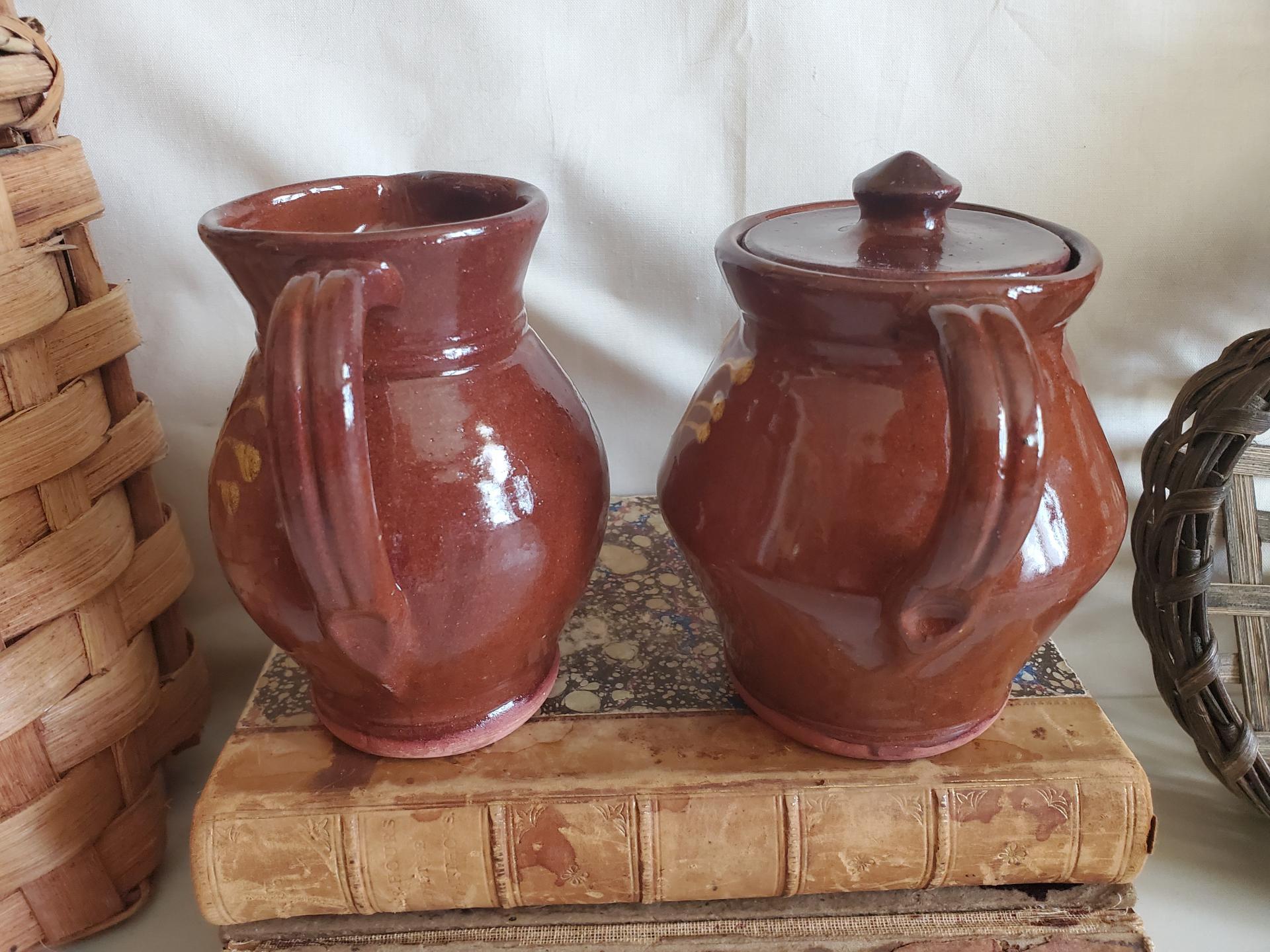 Sugar and Creamer Set with Feather Pattern, Antiqued