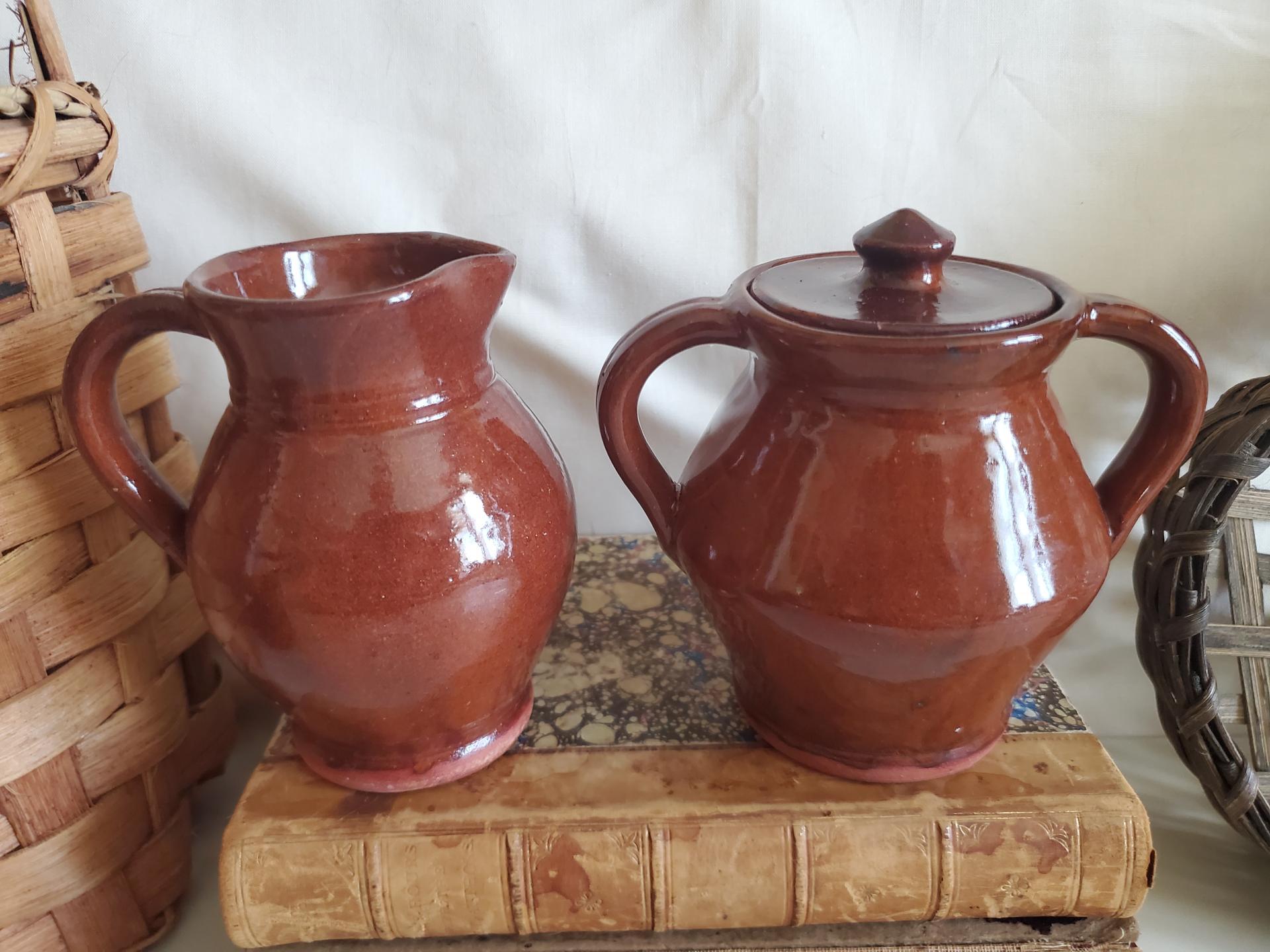 Sugar and Creamer Set with Feather Pattern, Antiqued