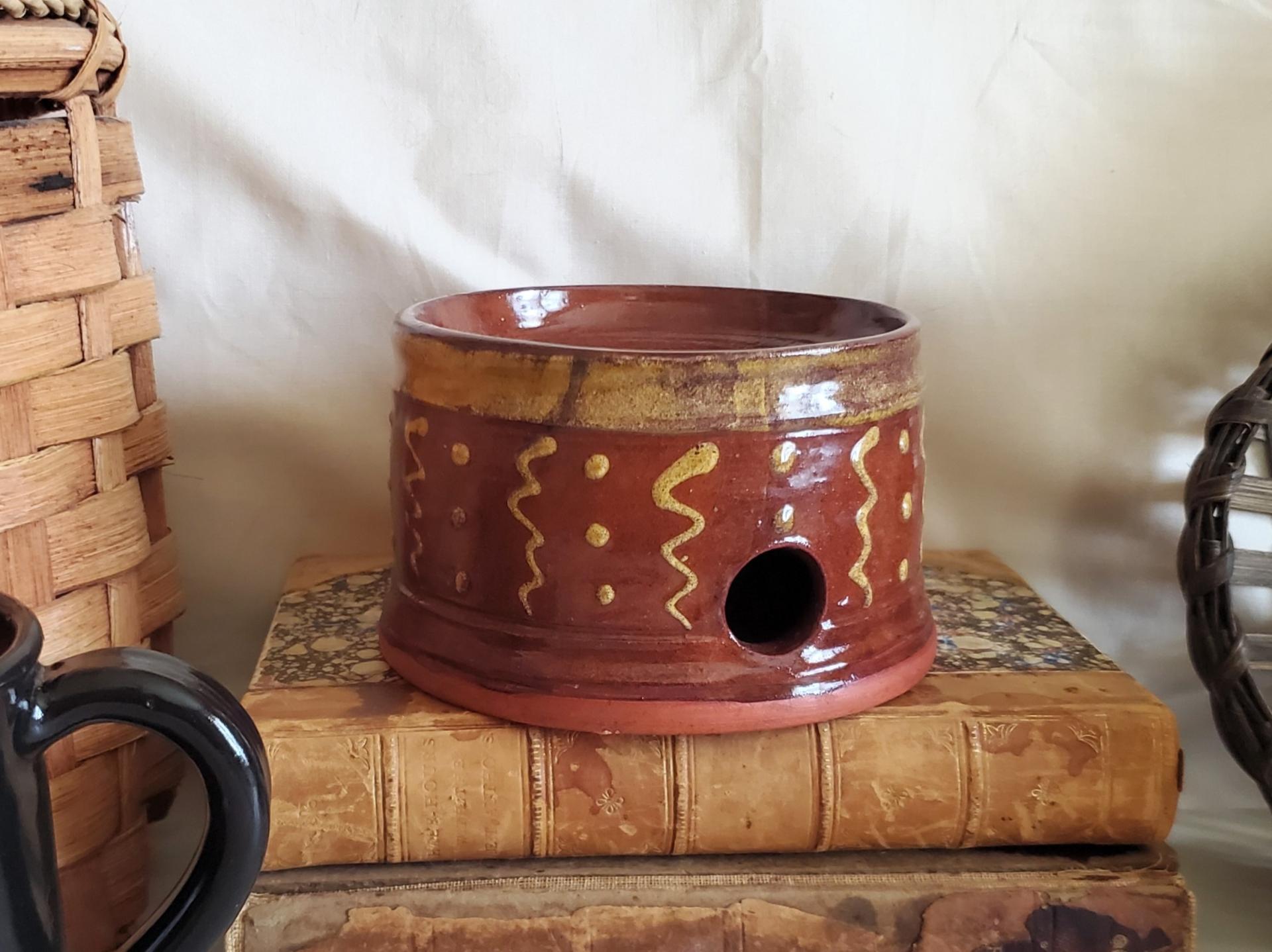 Handmade Redware Soap Dish with Squiggles and Dots Pattern