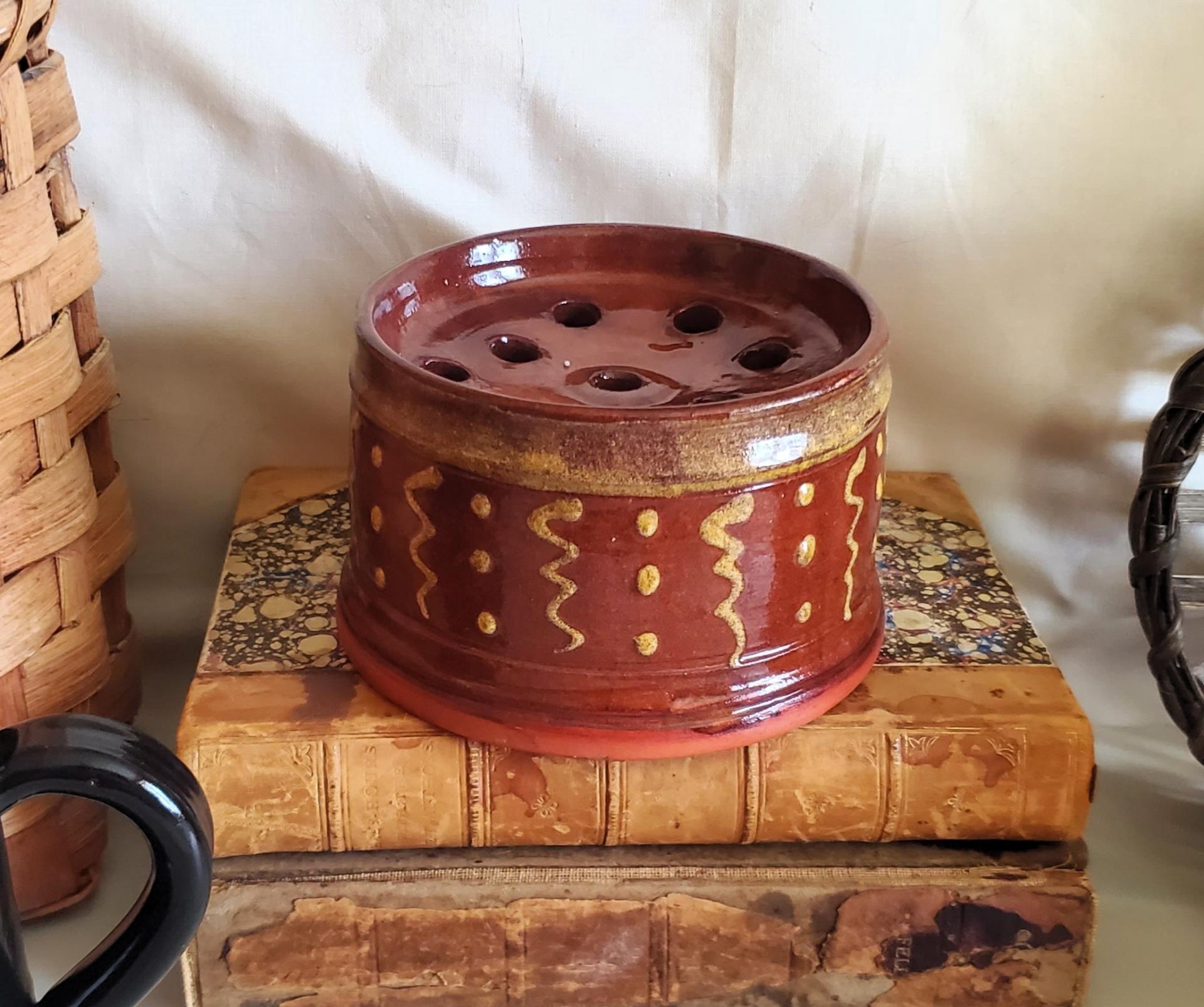 Handmade Redware Soap Dish with Squiggles and Dots Pattern