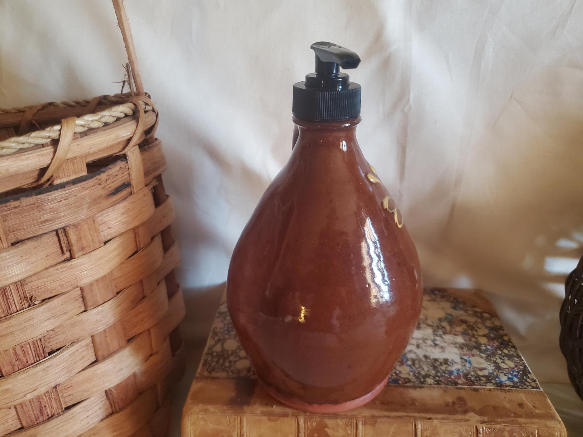 Redware Soap or Lotion Dispenser Jug with Feather Motif