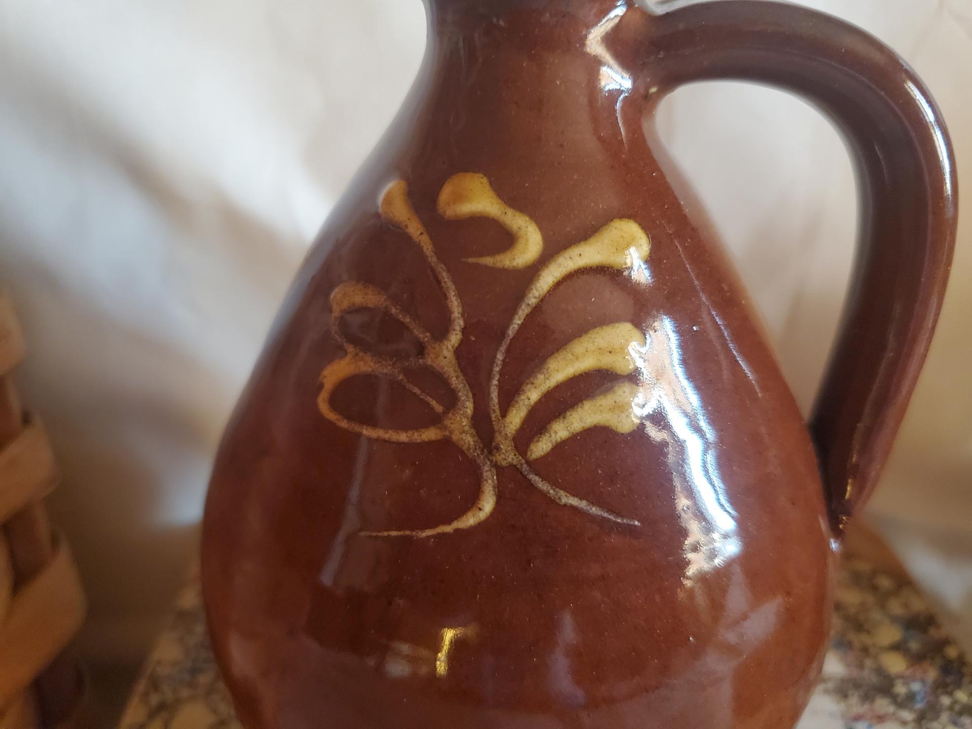 Redware Soap or Lotion Dispenser Jug with Feather Motif