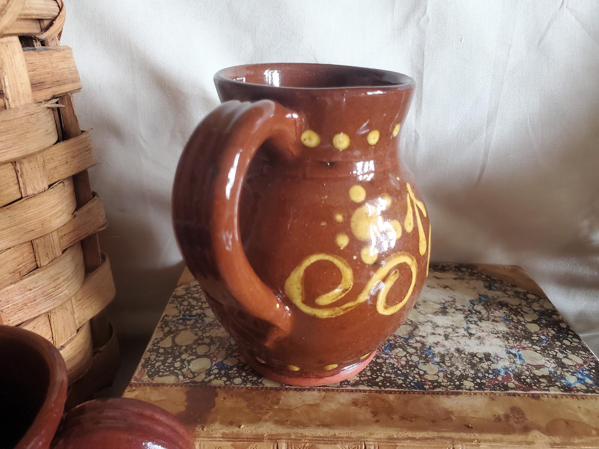 Redware Mug with Slip Pattern, Handmade