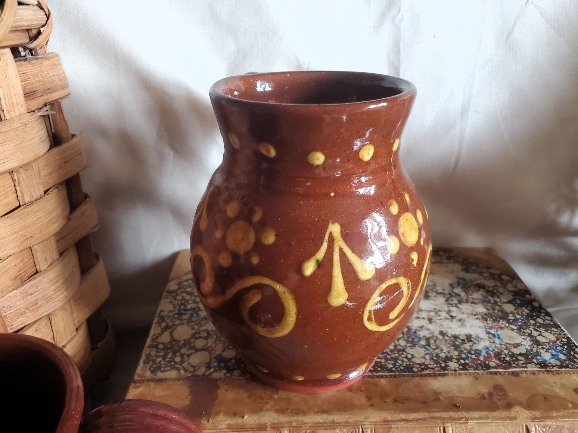 Redware Mug with Slip Pattern, Handmade
