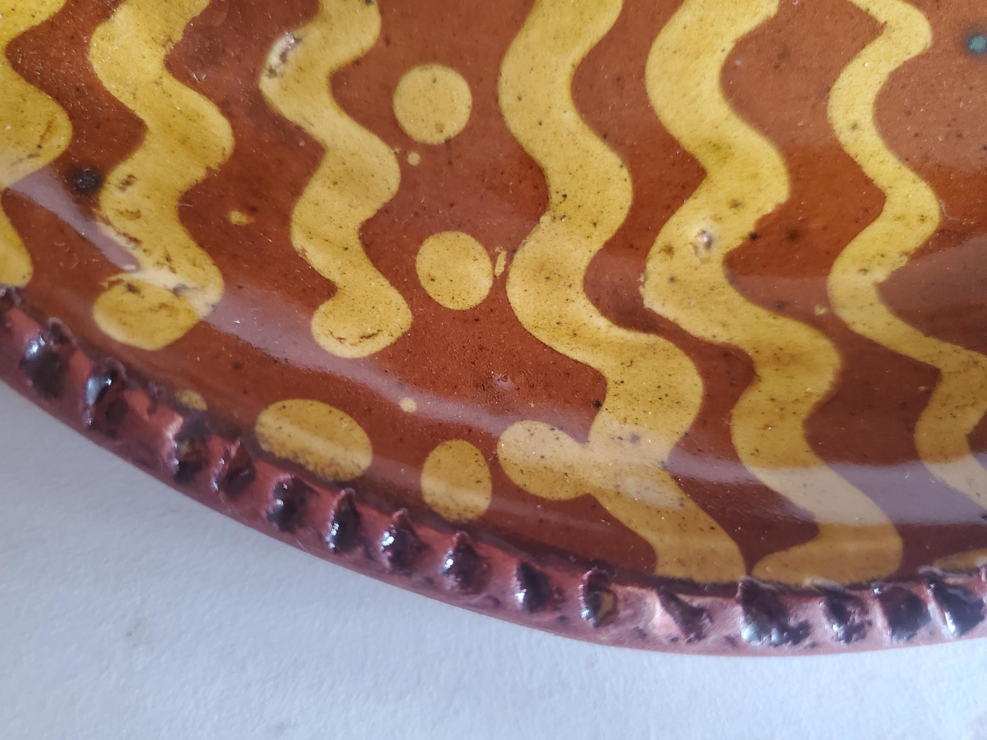 Redware 9 in. Plate, One-of-a-Kind Traditional Motif, Antiqued