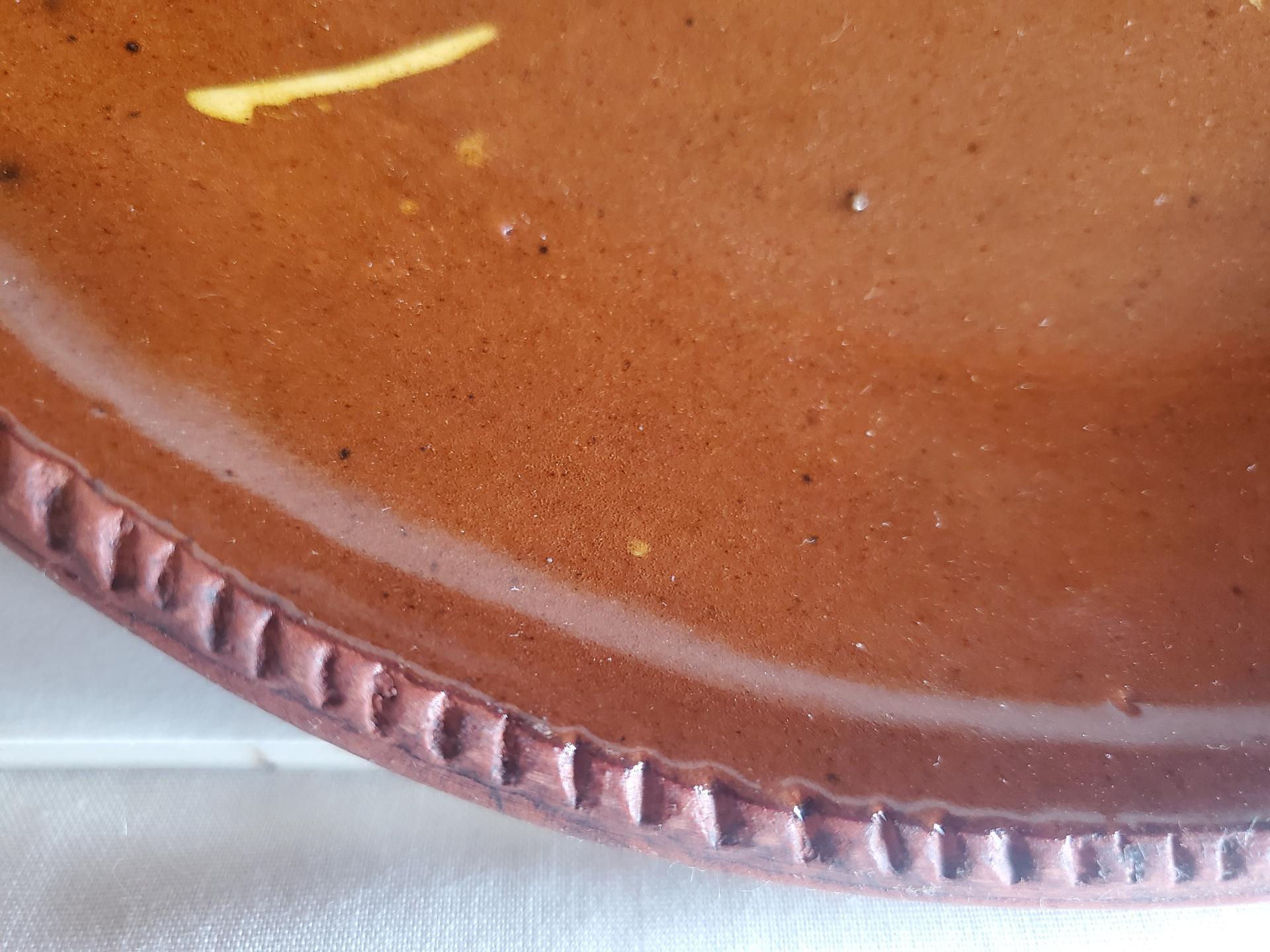 Redware 11 in. Plate with Feather Motif, Antiqued