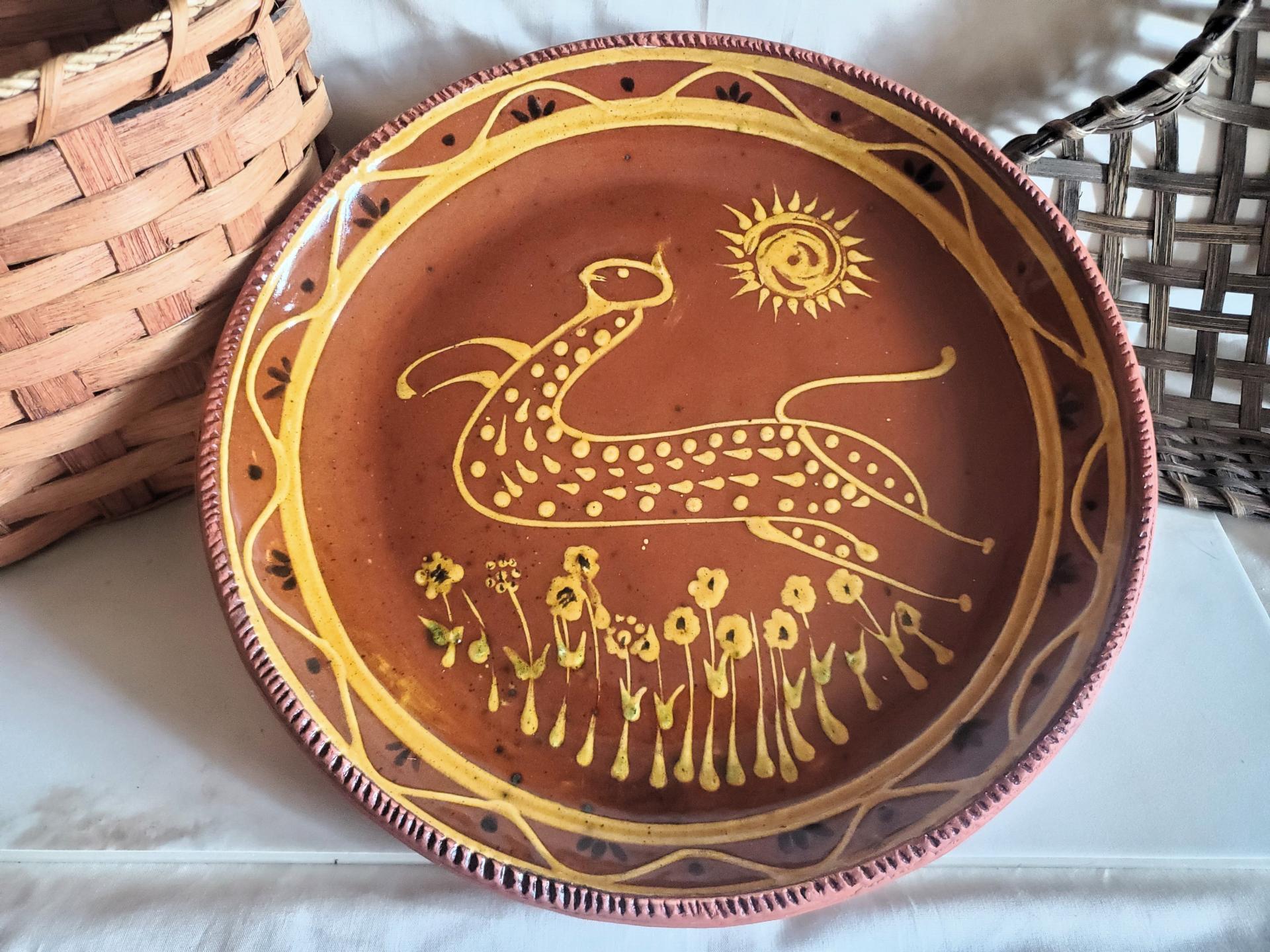 Unique Whimsical Cat Motif Slip Trailed Redware Charger