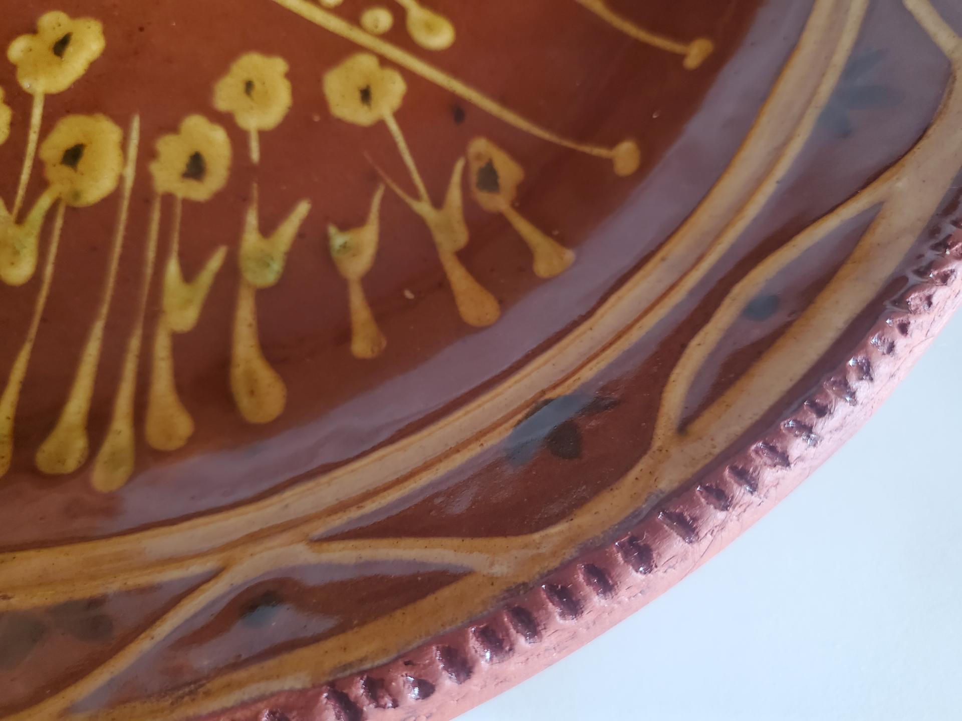 Unique Whimsical Cat Motif Slip Trailed Redware Charger