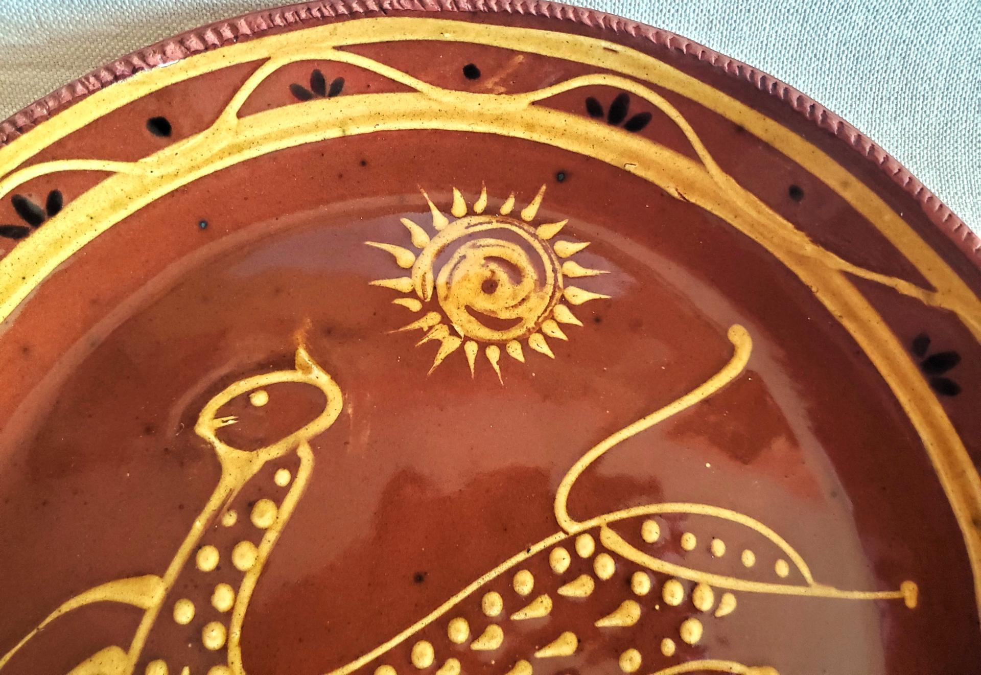 Unique Whimsical Cat Motif Slip Trailed Redware Charger