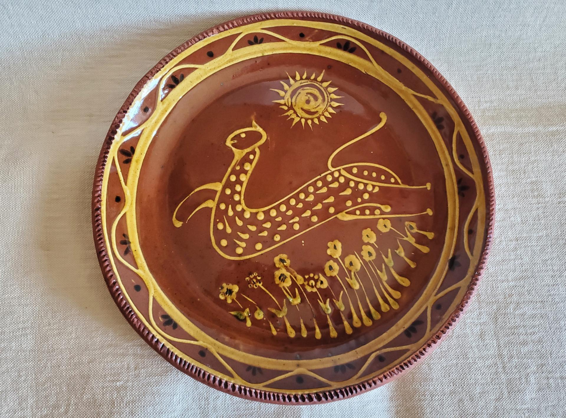 Unique Whimsical Cat Motif Slip Trailed Redware Charger